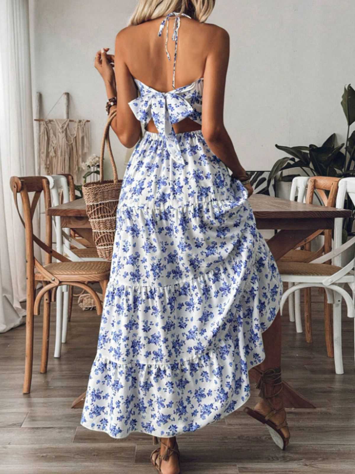 Blue 1930s Floral Tie Back Tiered Maxi Dress - Image 2