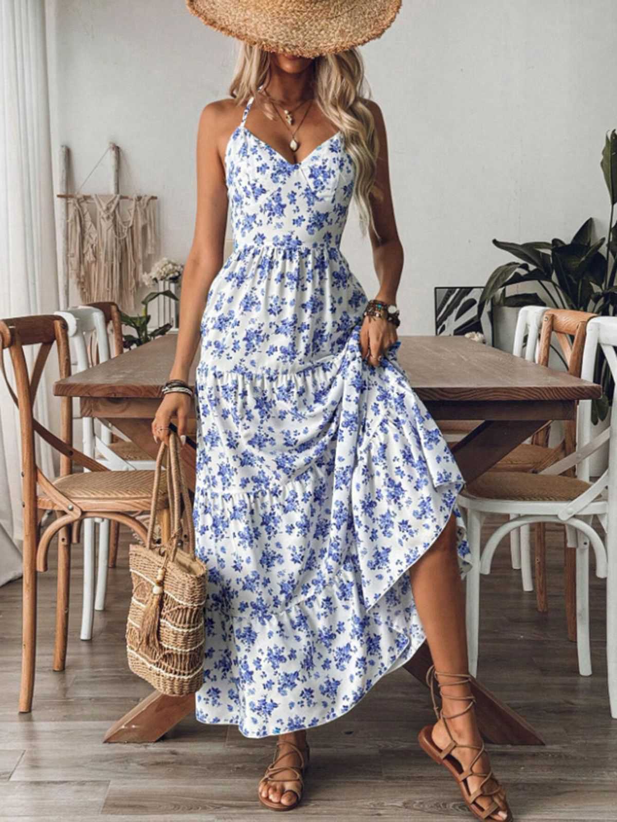 Blue 1930s Floral Tie Back Tiered Maxi Dress - Image 3