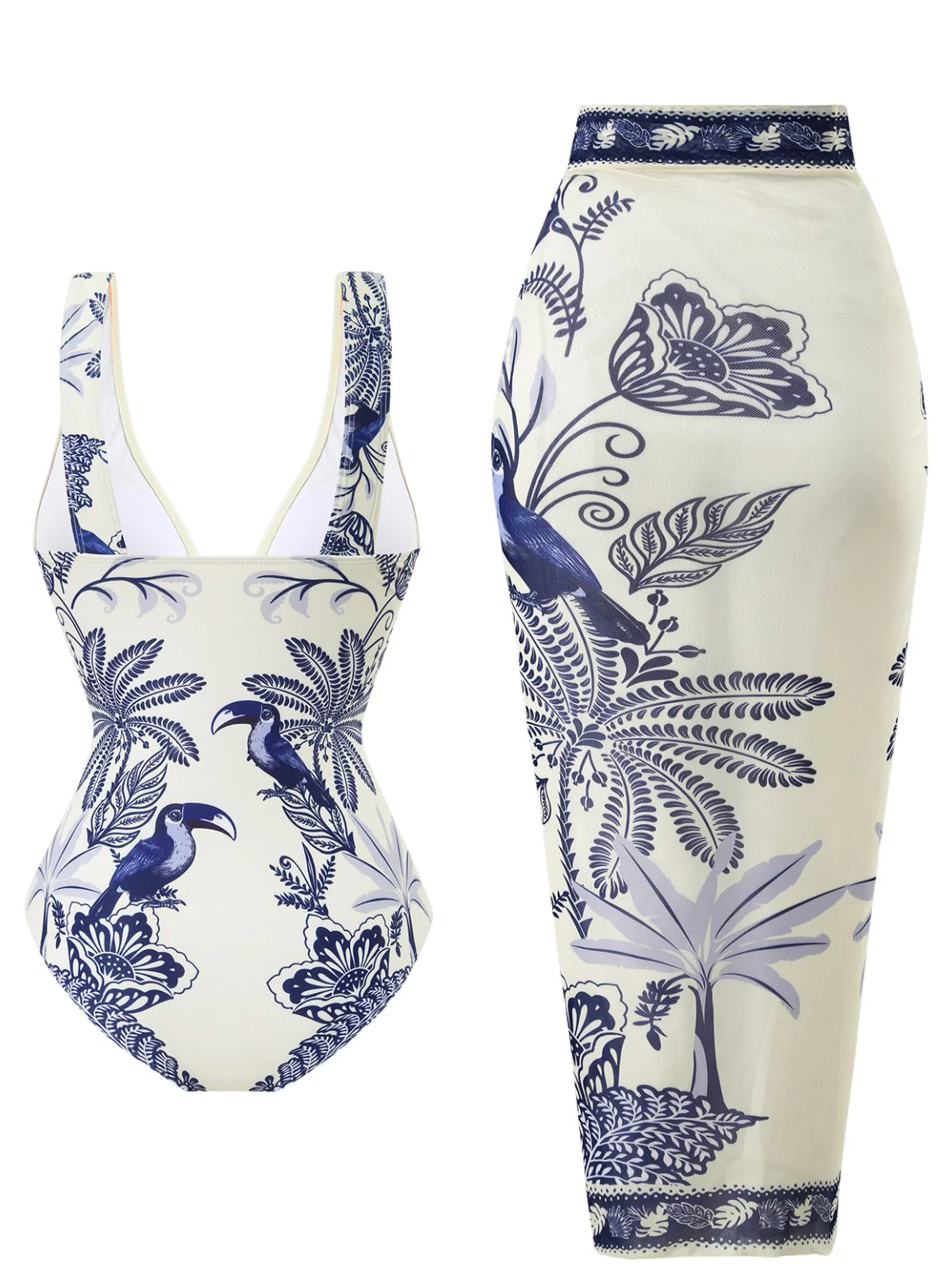 Blue 1930s Flower & Bird One-Piece Swimsuit & Cover-Up - Image 2