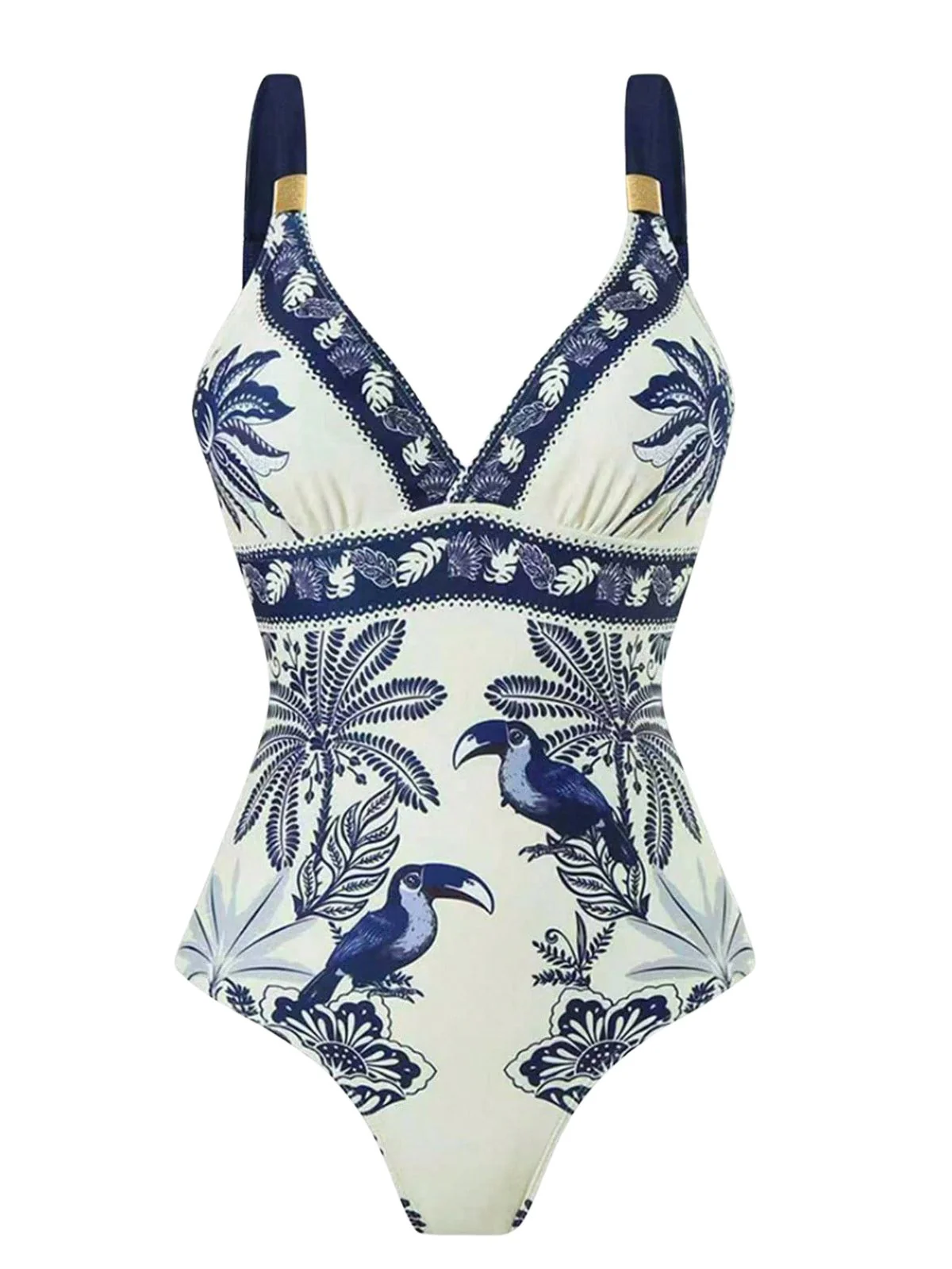 Blue 1930s Flower & Bird One-Piece Swimsuit & Cover-Up - Image 3