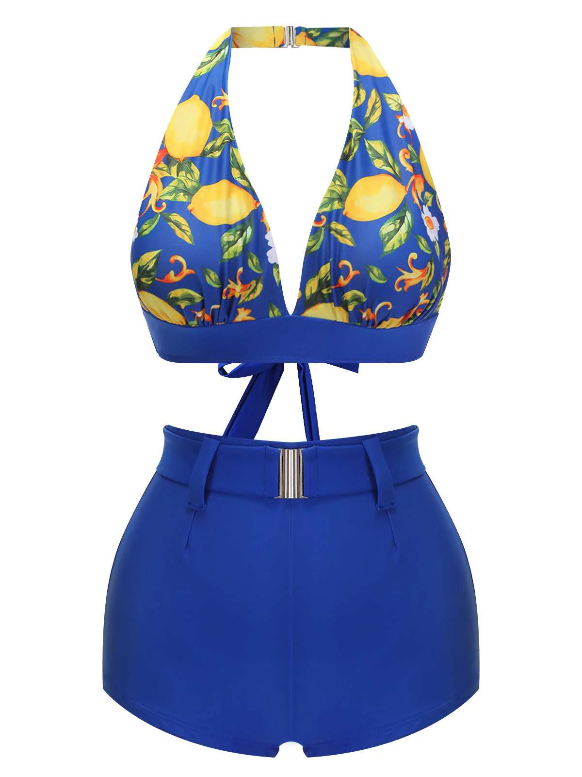 Blue 1930s Halter Lemon Belted Swimsuit - Image 2