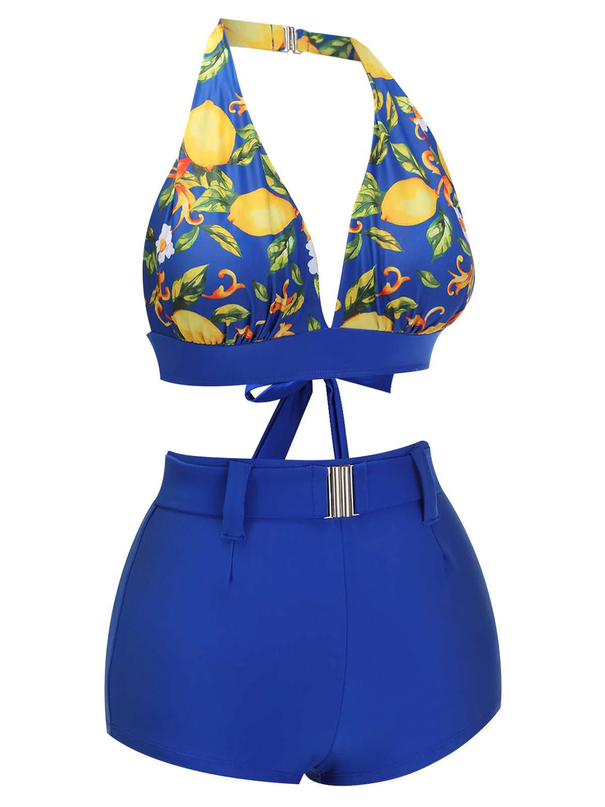 Blue 1930s Halter Lemon Belted Swimsuit - Image 3