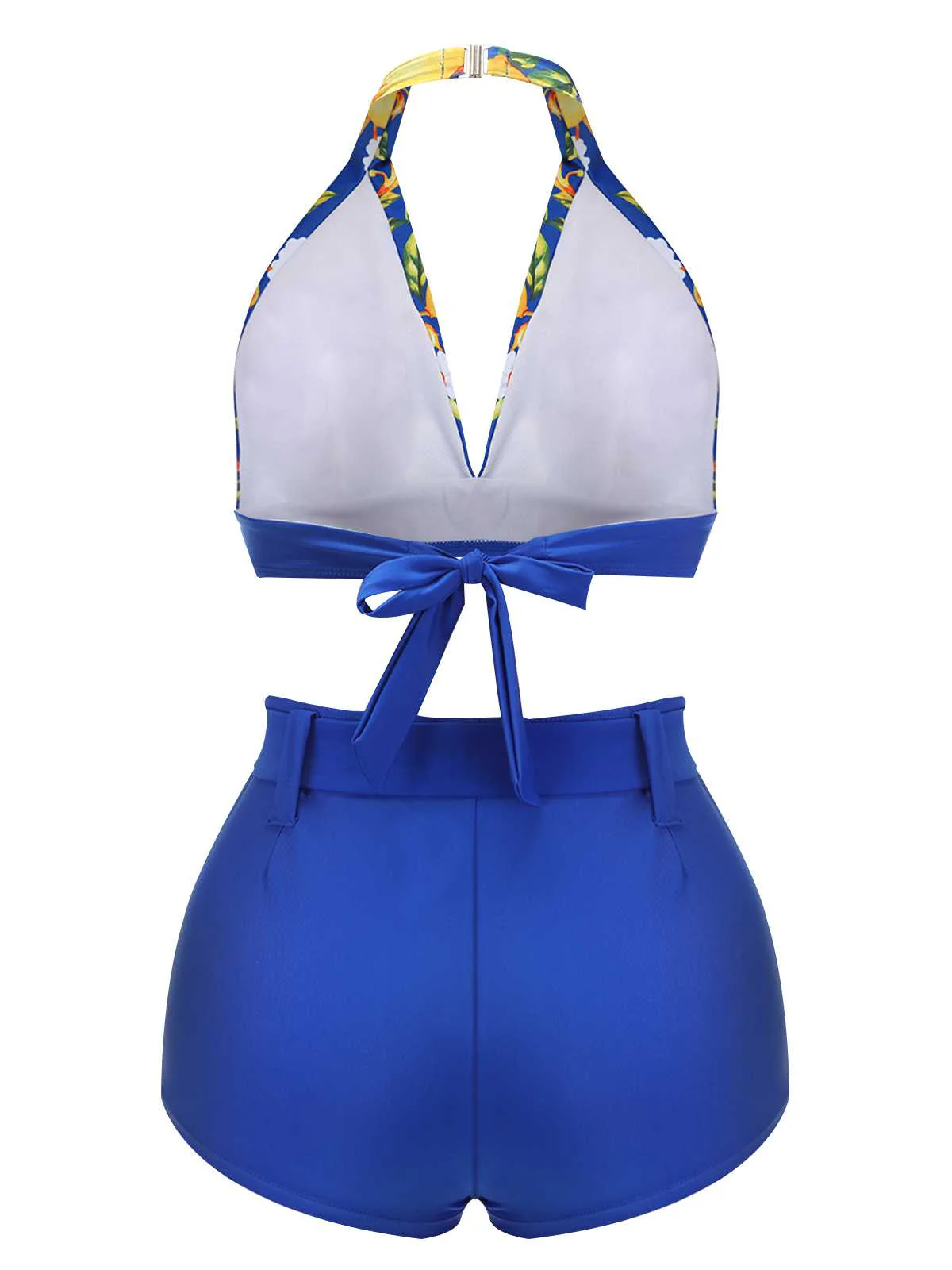 Blue 1930s Halter Lemon Belted Swimsuit - Image 4