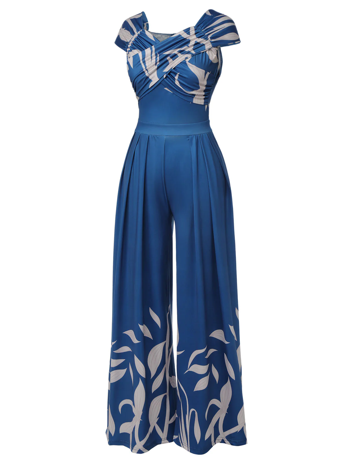 Blue 1960s High-Waist Plant Print Jumpsuit - Image 3