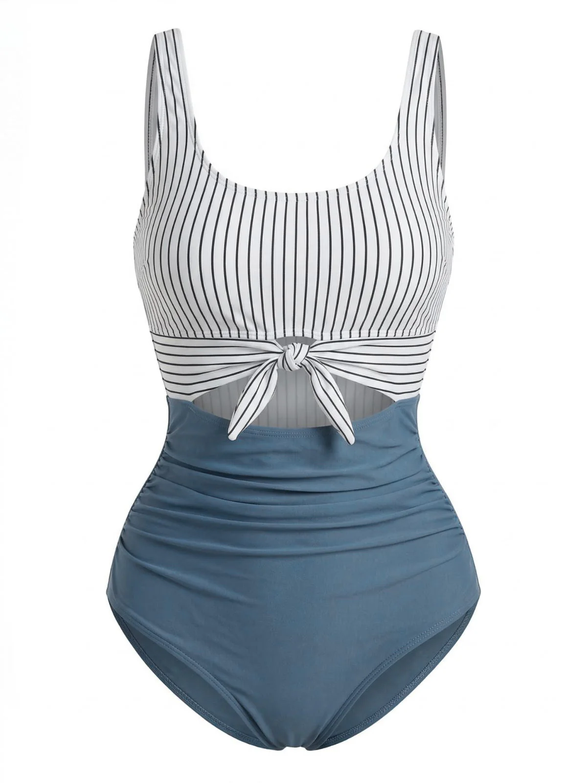 Blue 1930s High-Waist Stripe Cutout One-Piece Swimsuit - Image 2