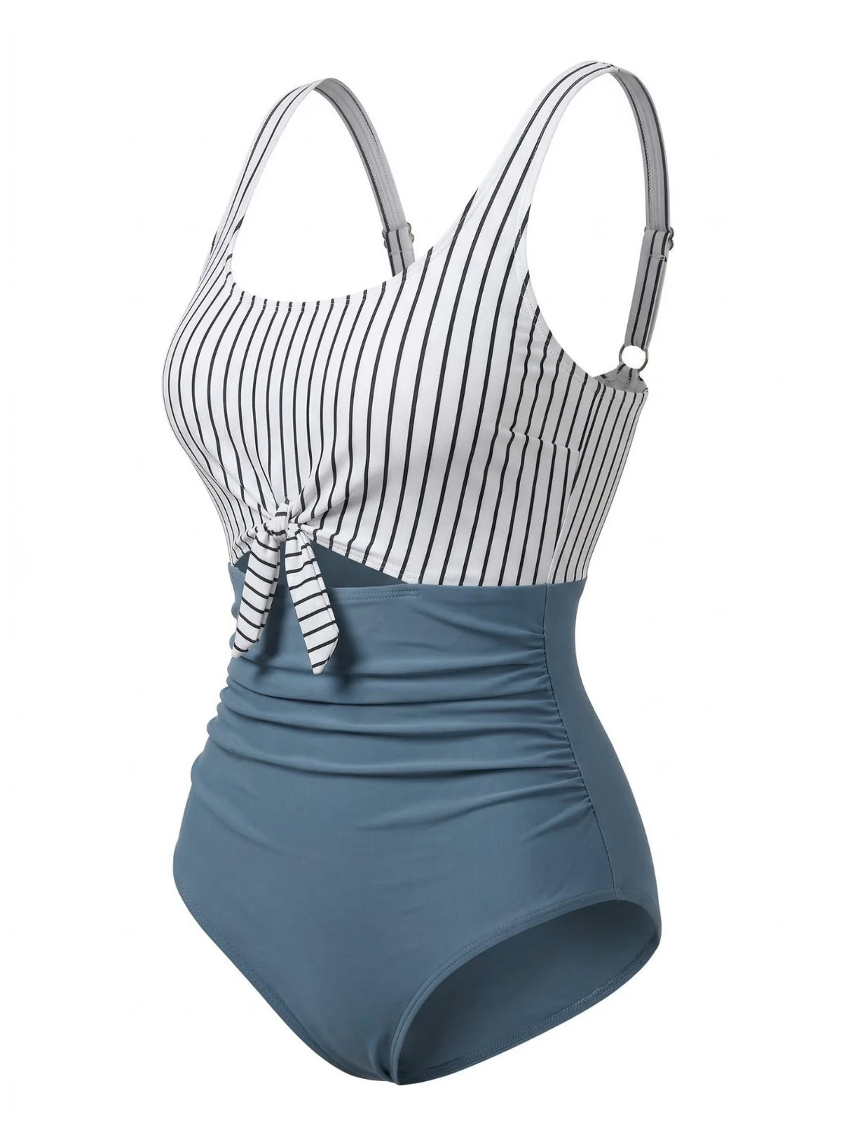 Blue 1930s High-Waist Stripe Cutout One-Piece Swimsuit - Image 3