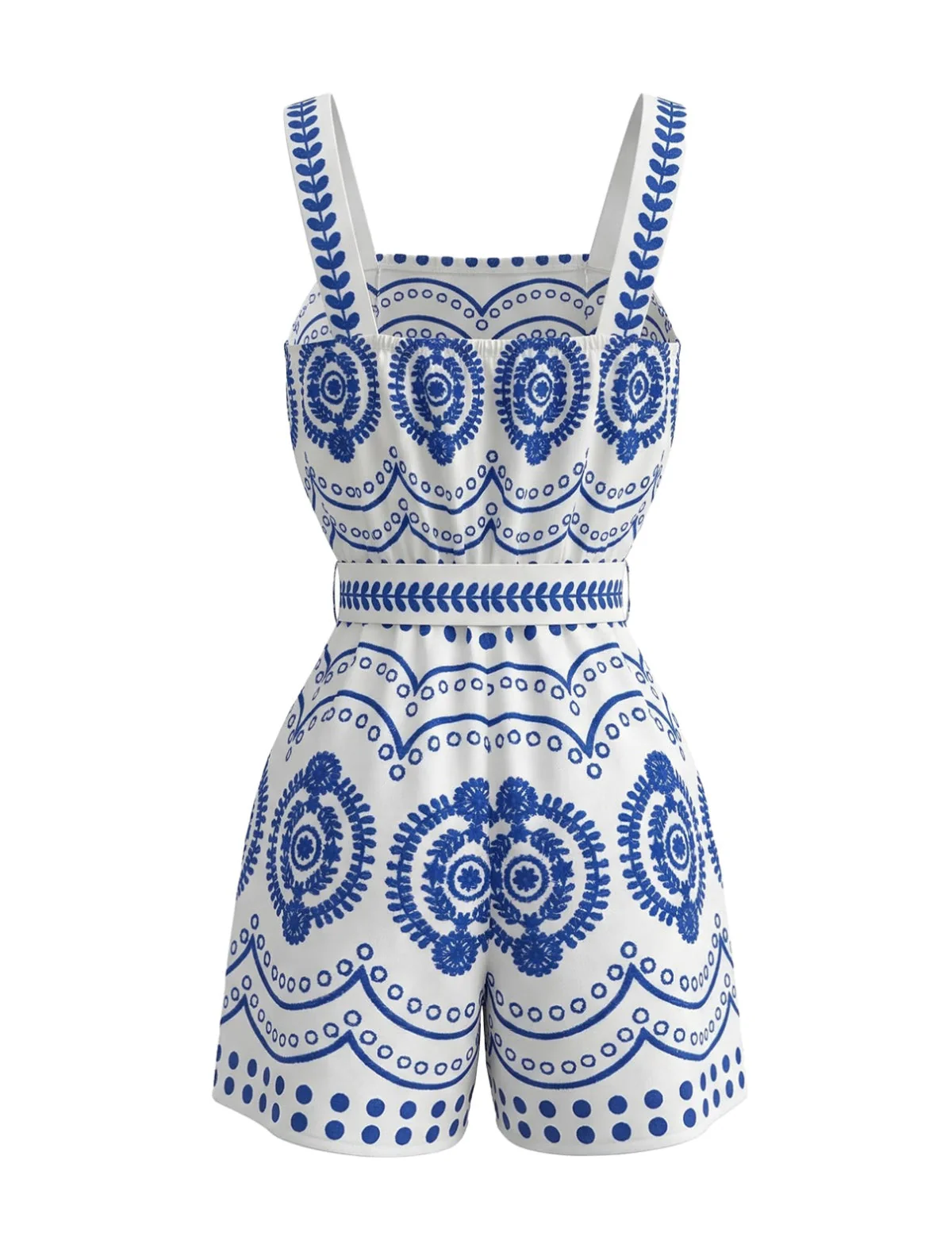 Blue 1930s Holiday Positioning Print Belted Romper - Image 2