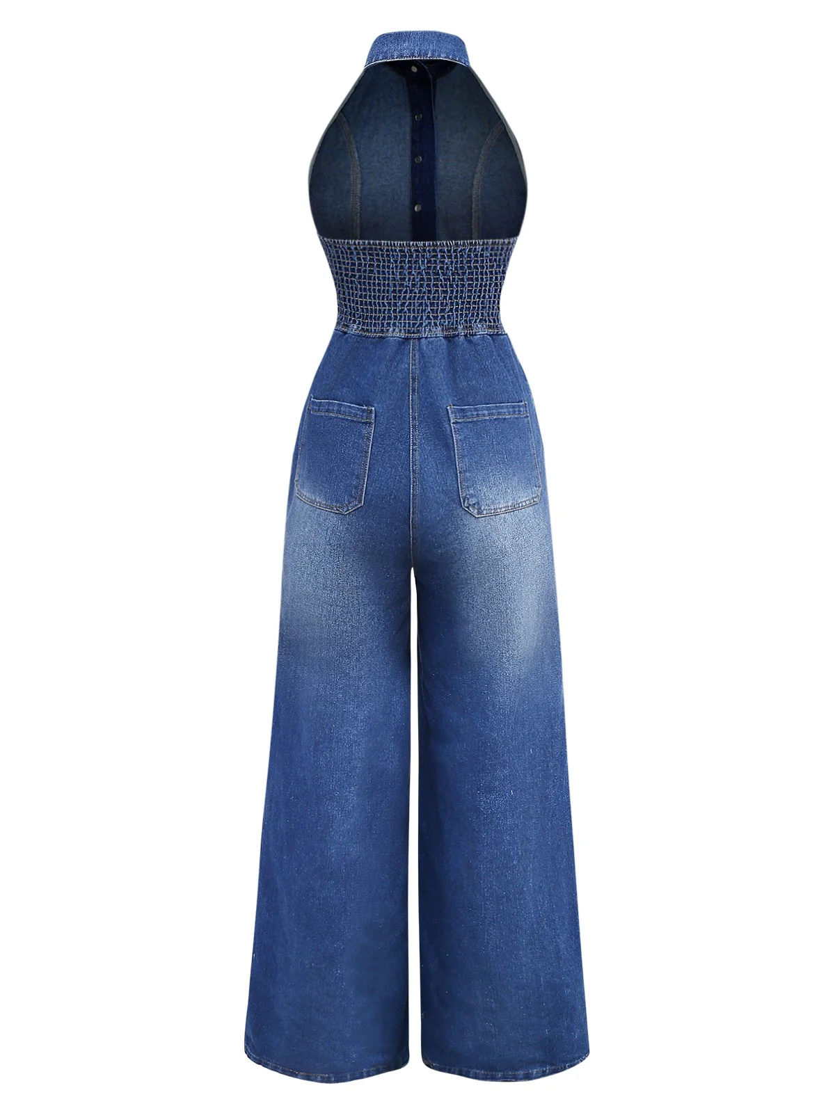 Blue 1930s Lapel Sleeveless Wideleg Denim Jumpsuit - Image 2