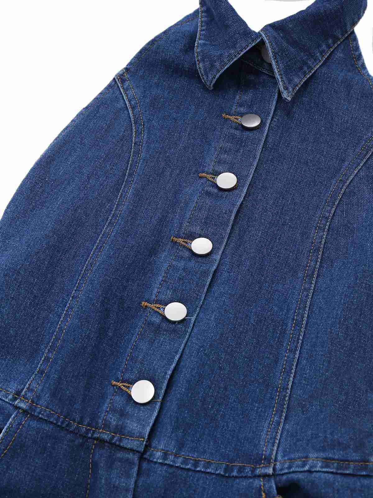 Blue 1930s Lapel Sleeveless Wideleg Denim Jumpsuit - Image 5