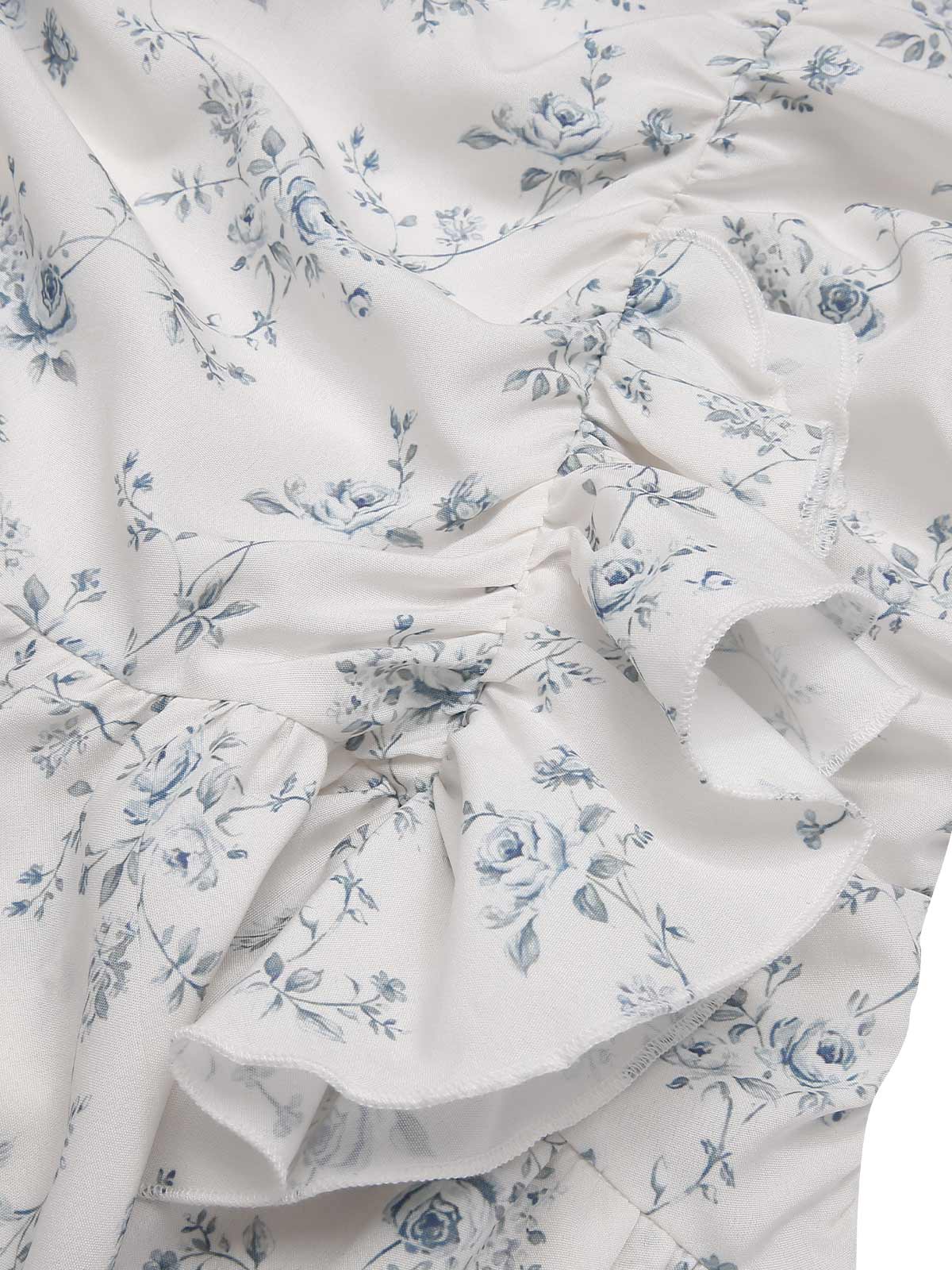 Blue 1930s Off-Shoulder Floral Ruffles Hem Dress - Image 6