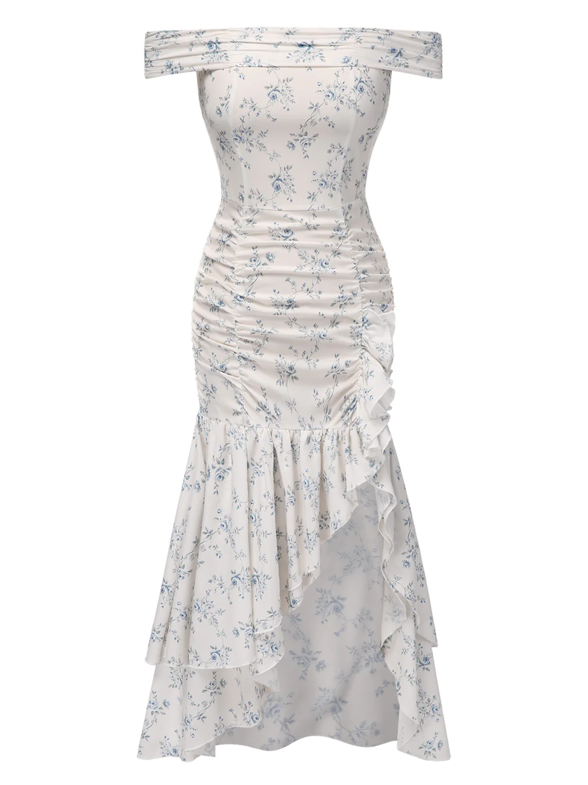Blue 1930s Off-Shoulder Floral Ruffles Hem Dress - Image 2
