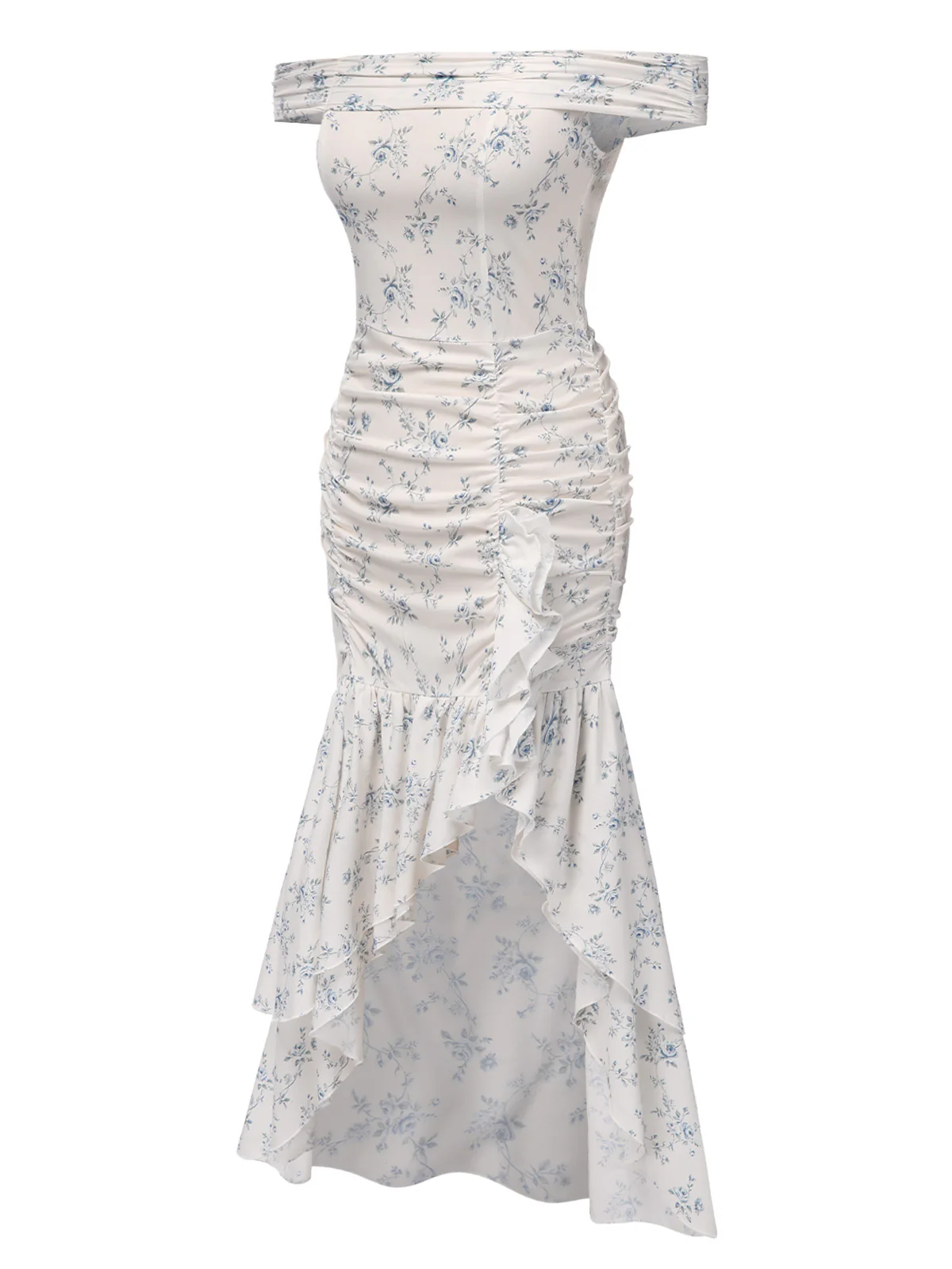 Blue 1930s Off-Shoulder Floral Ruffles Hem Dress - Image 3