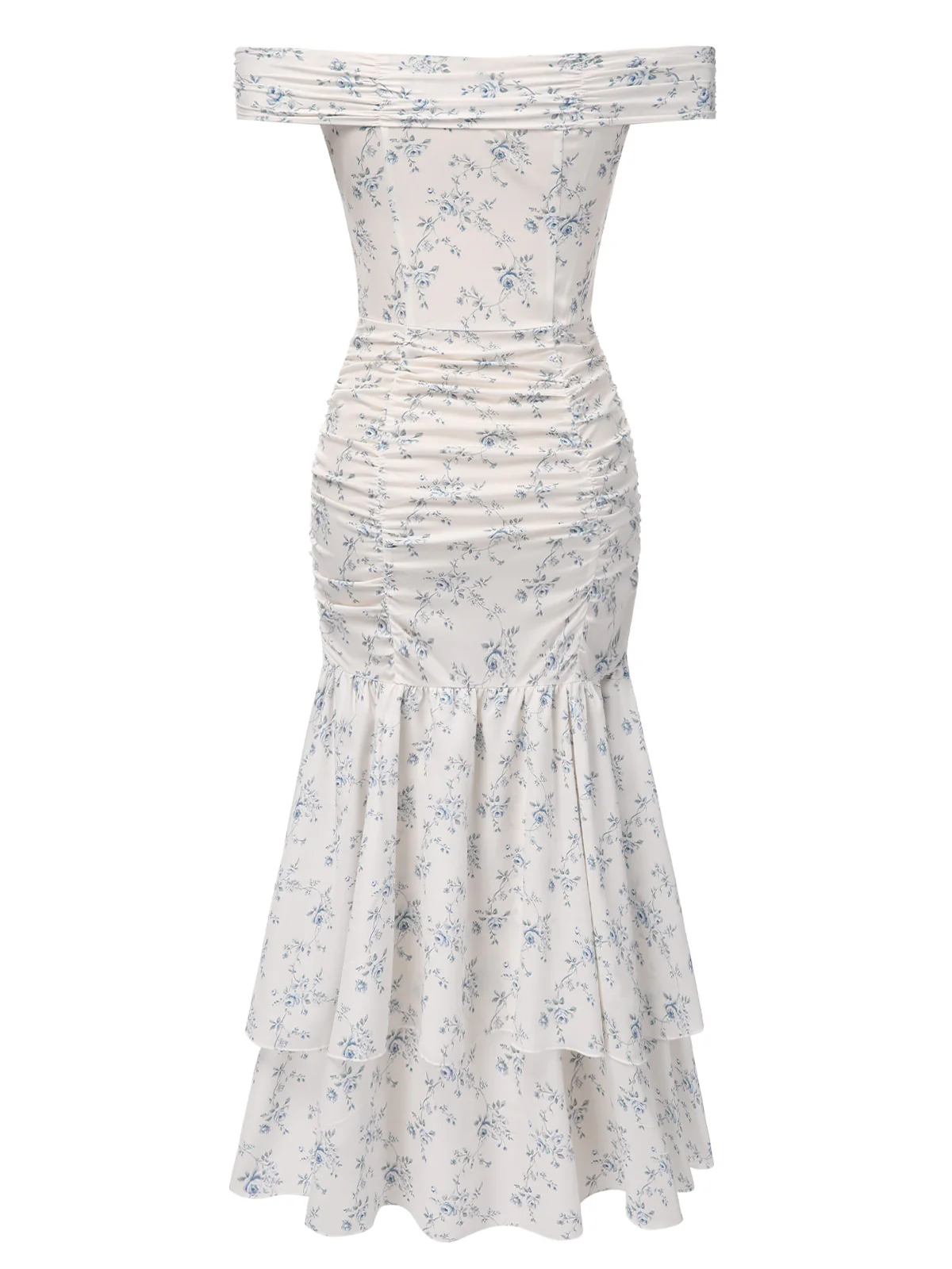 Blue 1930s Off-Shoulder Floral Ruffles Hem Dress - Image 4