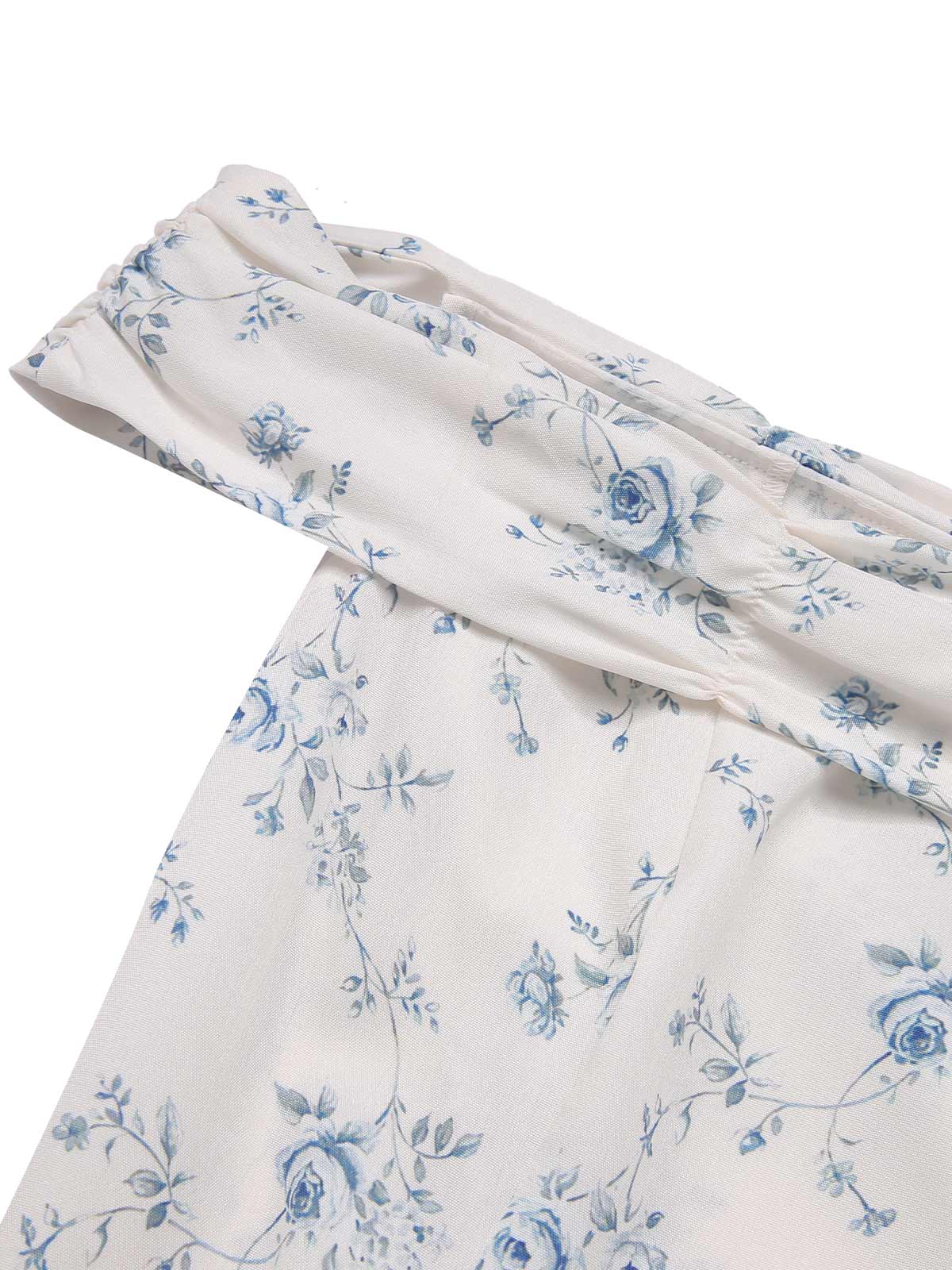 Blue 1930s Off-Shoulder Floral Ruffles Hem Dress - Image 5