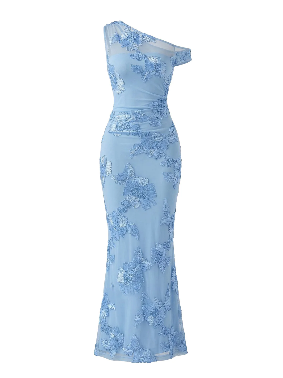 Blue 1930s One-Shoulder Floral Embroidered Mermaid Dress - Image 3