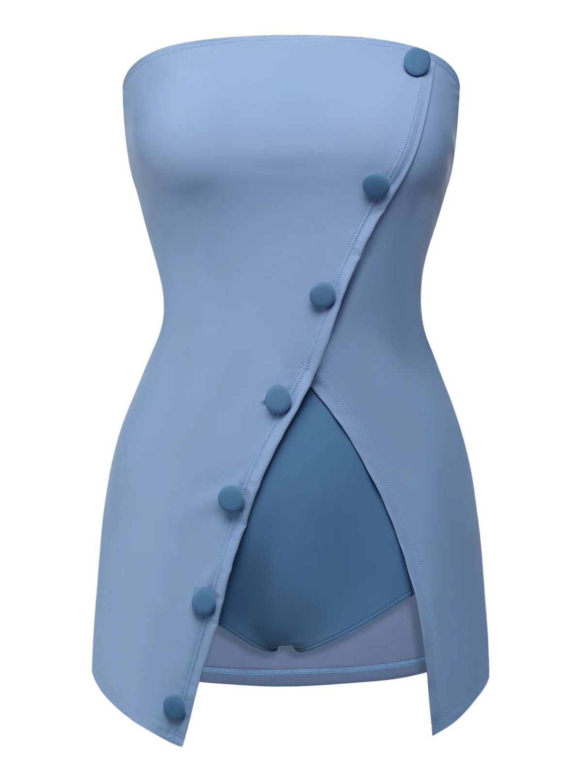 Blue 1930s Solid Buttoned Bandeau Swimsuit - Image 2