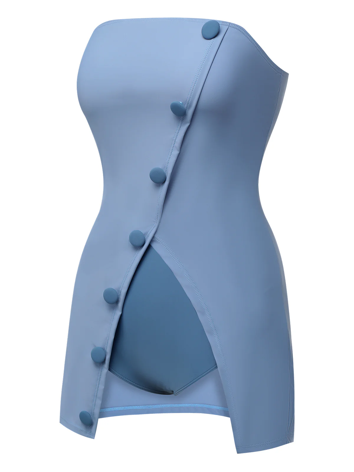 Blue 1930s Solid Buttoned Bandeau Swimsuit - Image 3