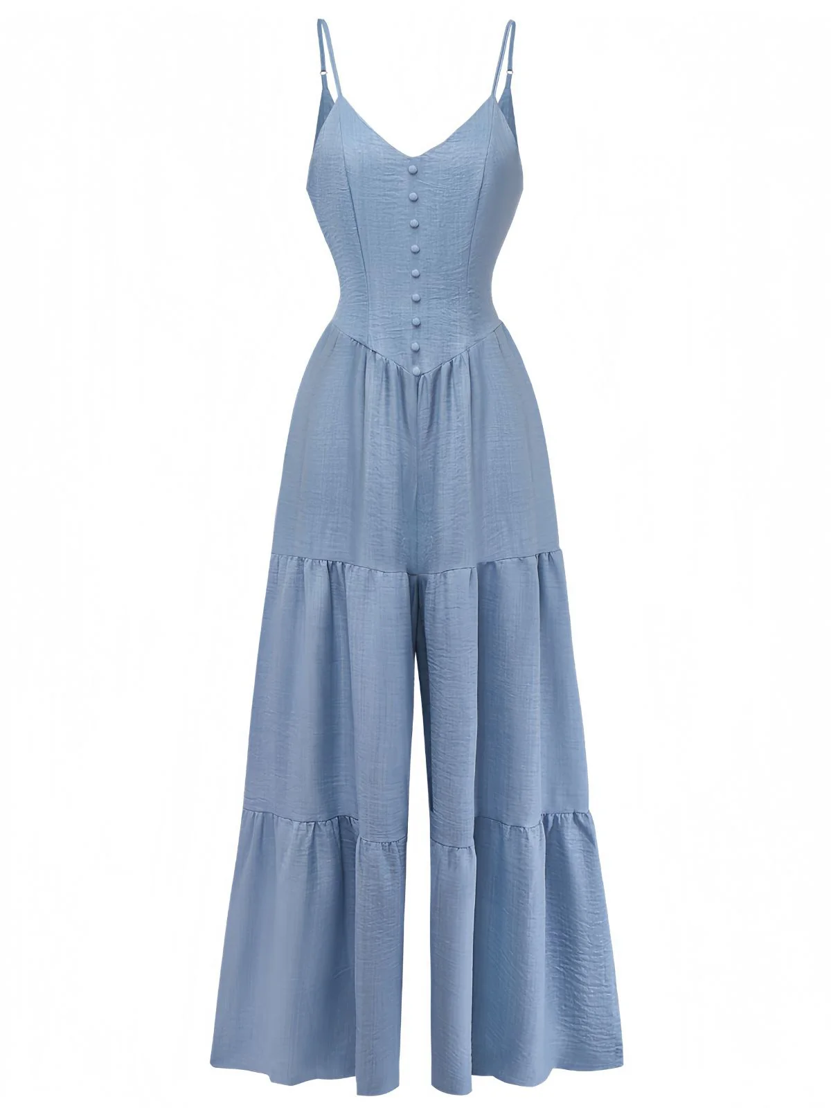 Blue 1930s Solid Deep V Tiered Ruched Jumpsuit - Image 2