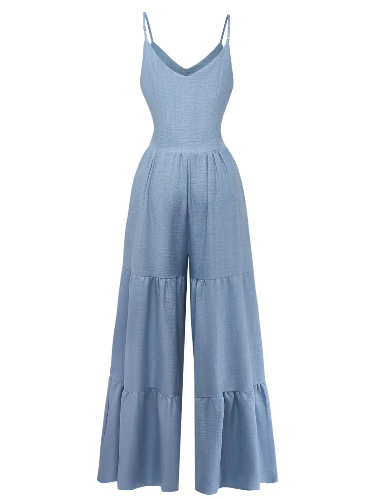 Blue 1930s Solid Deep V Tiered Ruched Jumpsuit - Image 3