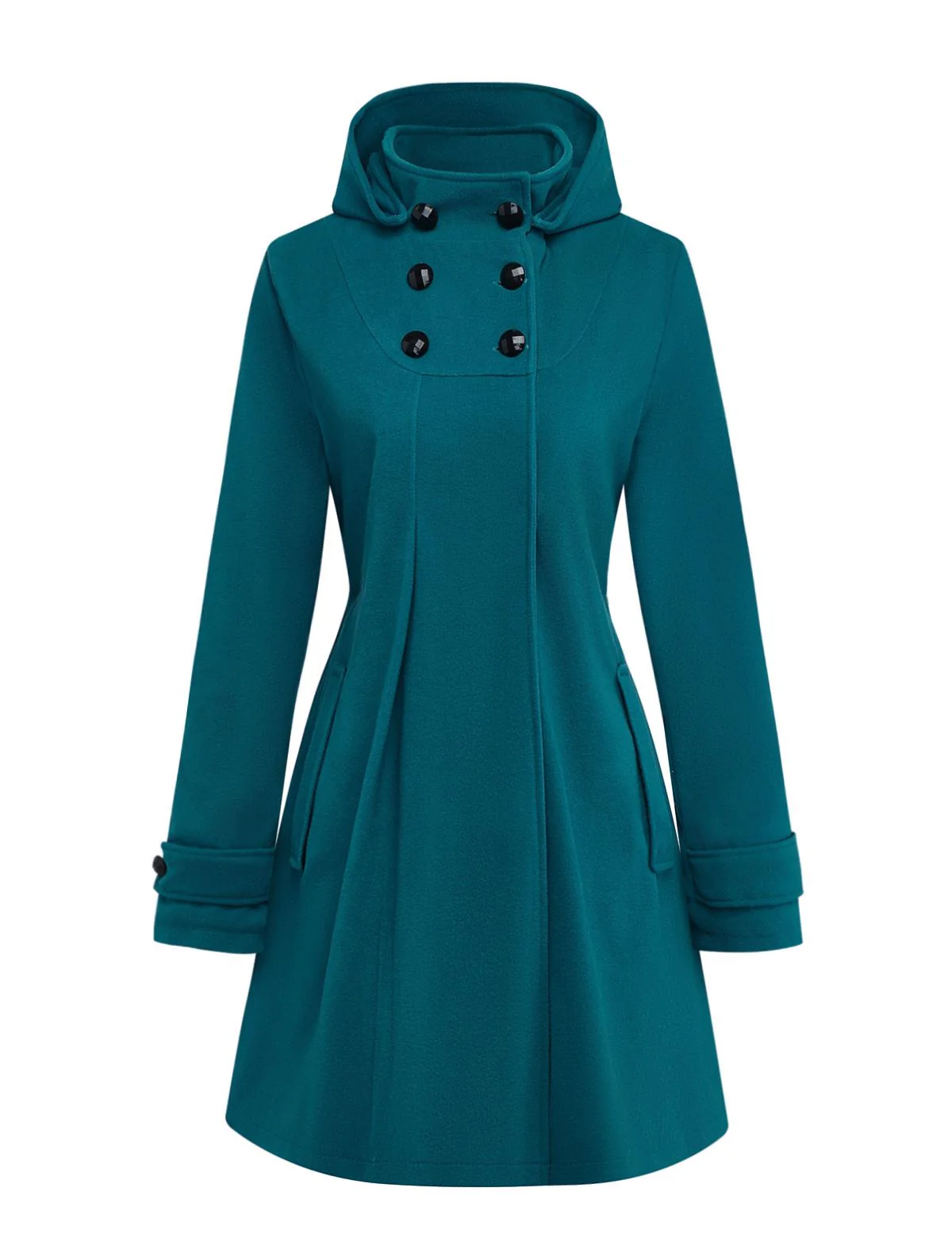 Blue 1930s Solid Faux-Wool Hooded Coat - Image 2