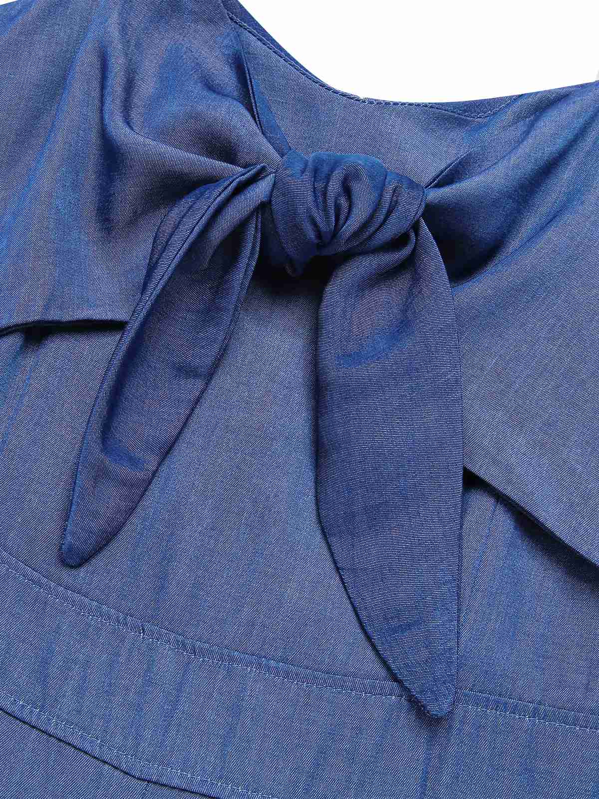 Blue 1930s Solid Tencel Denim Knotted Jumpsuit - Image 3