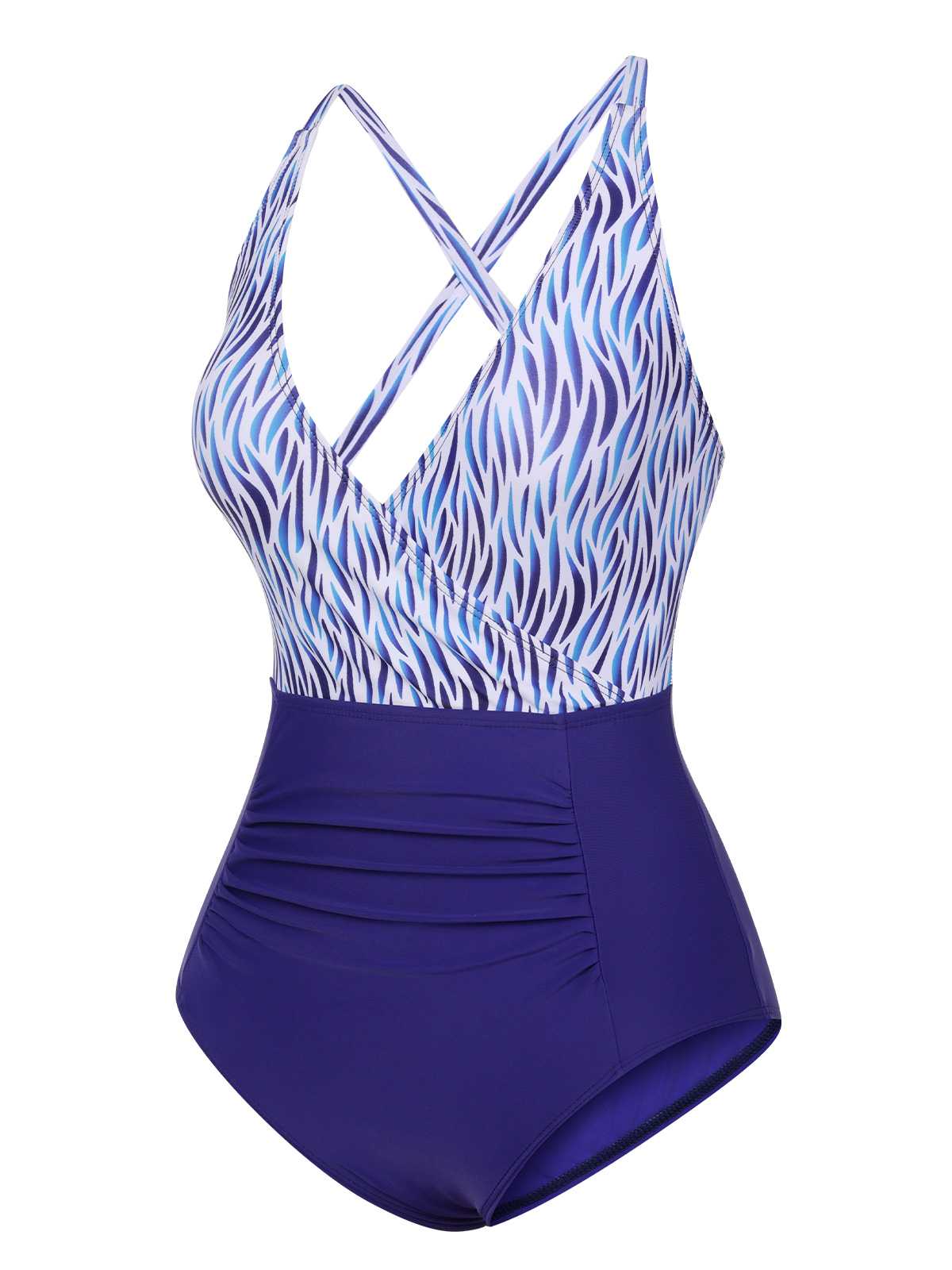 Blue 1930s Strap Stripes Patchwork One-Piece Swimsuit - Image 2