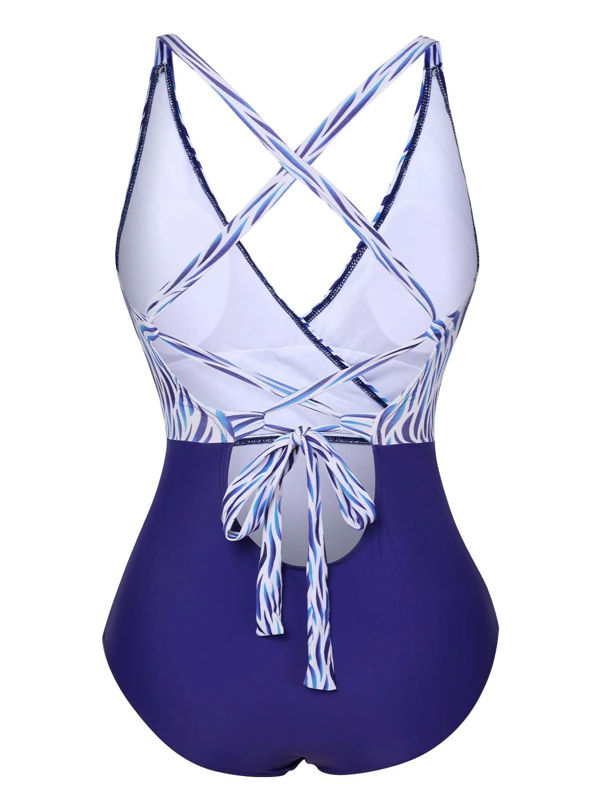 Blue 1930s Strap Stripes Patchwork One-Piece Swimsuit - Image 3