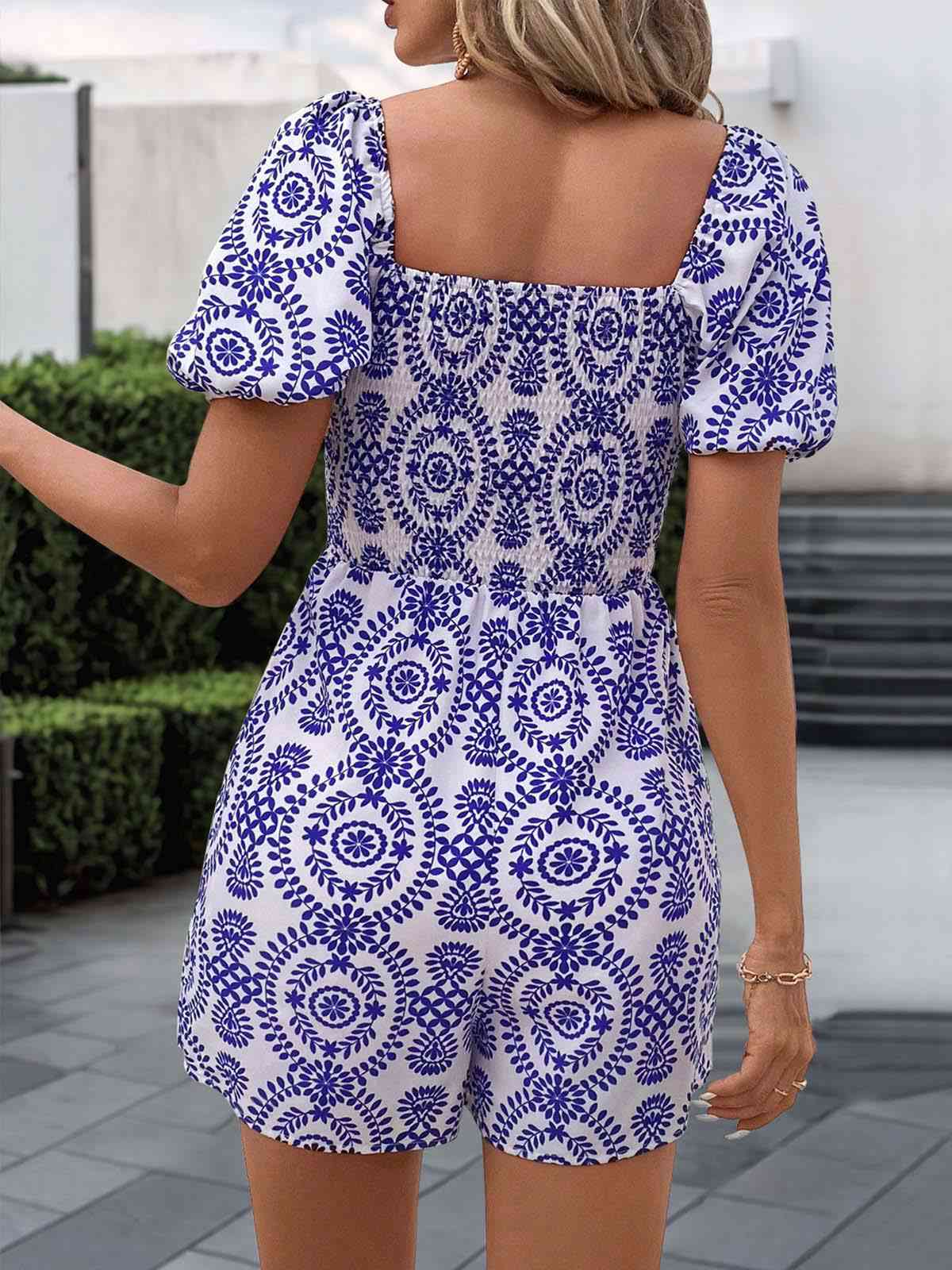 Blue 1930s Tribal Prints Square Neck Romper - Image 2