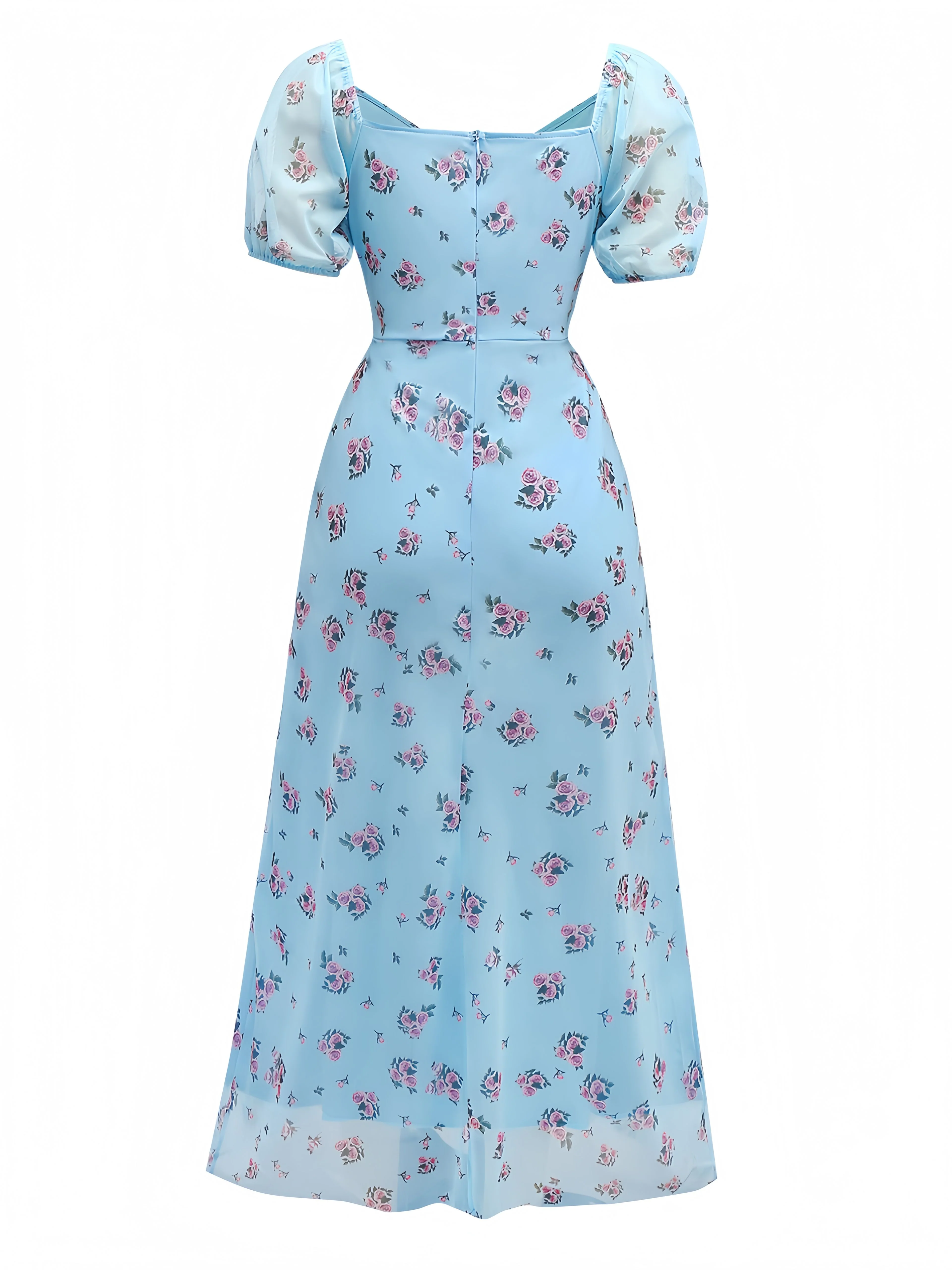 Blue 1930s V-Neck Rose Mesh Ruffled Dress - Image 2