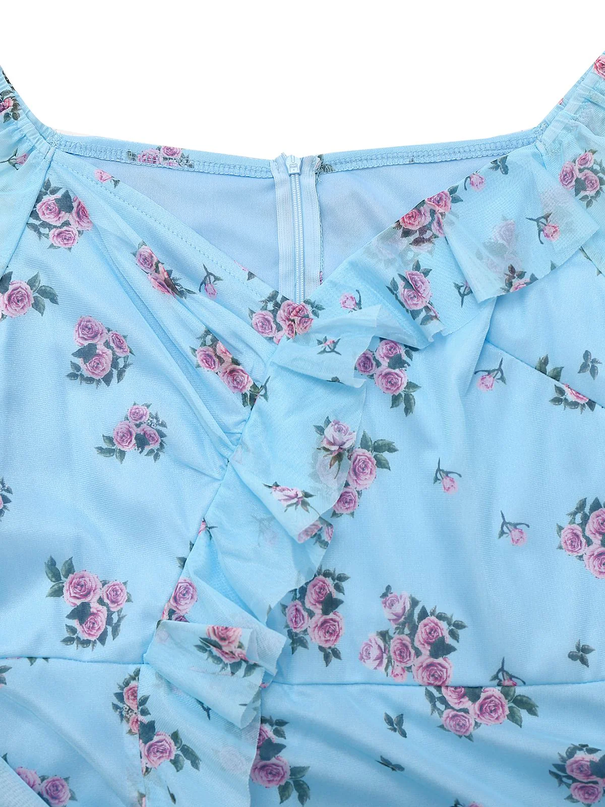 Blue 1930s V-Neck Rose Mesh Ruffled Dress - Image 3