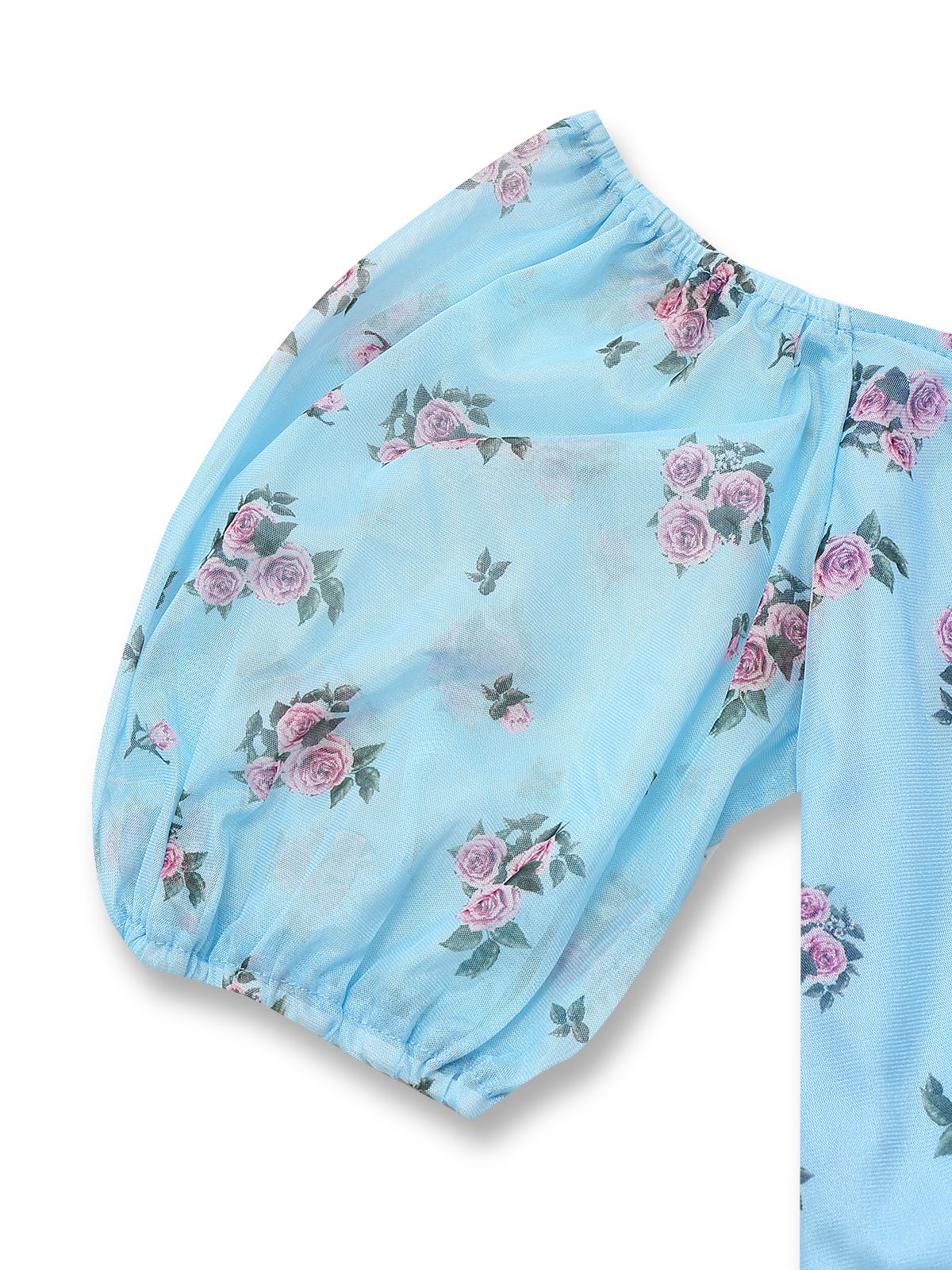 Blue 1930s V-Neck Rose Mesh Ruffled Dress - Image 4