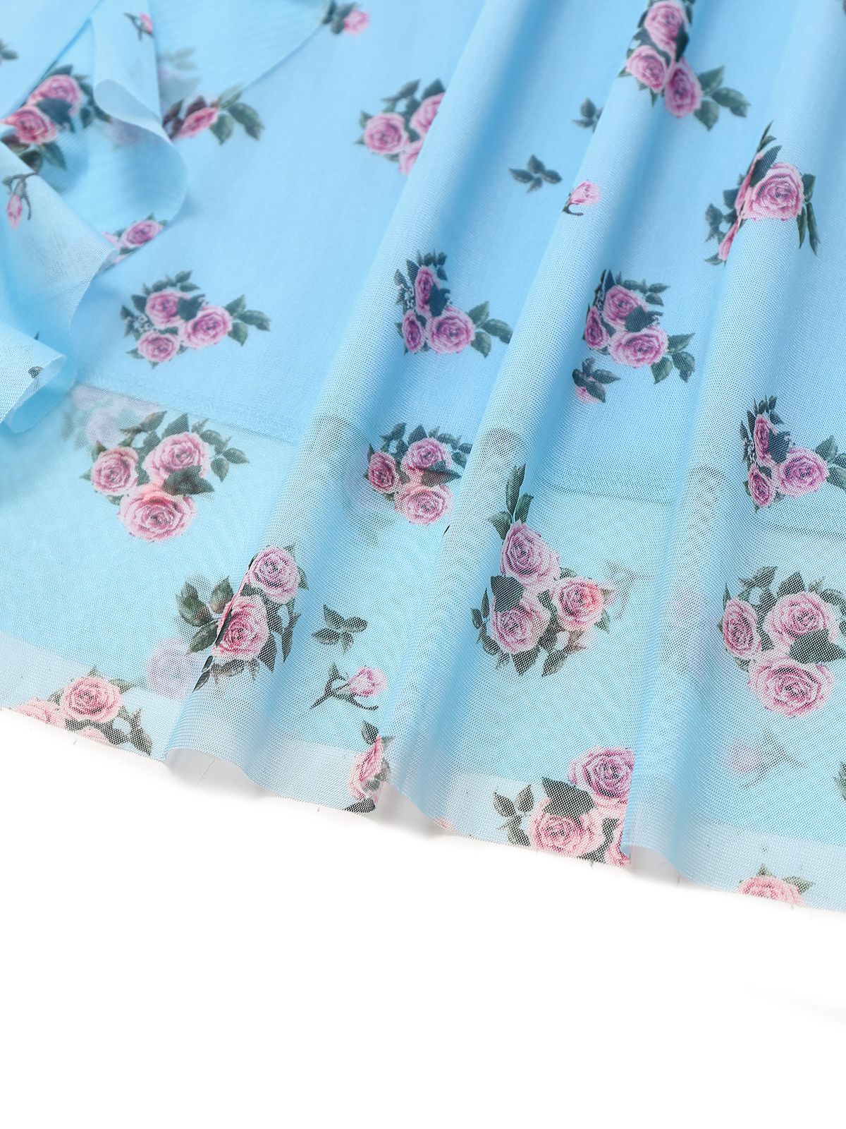 Blue 1930s V-Neck Rose Mesh Ruffled Dress - Image 5