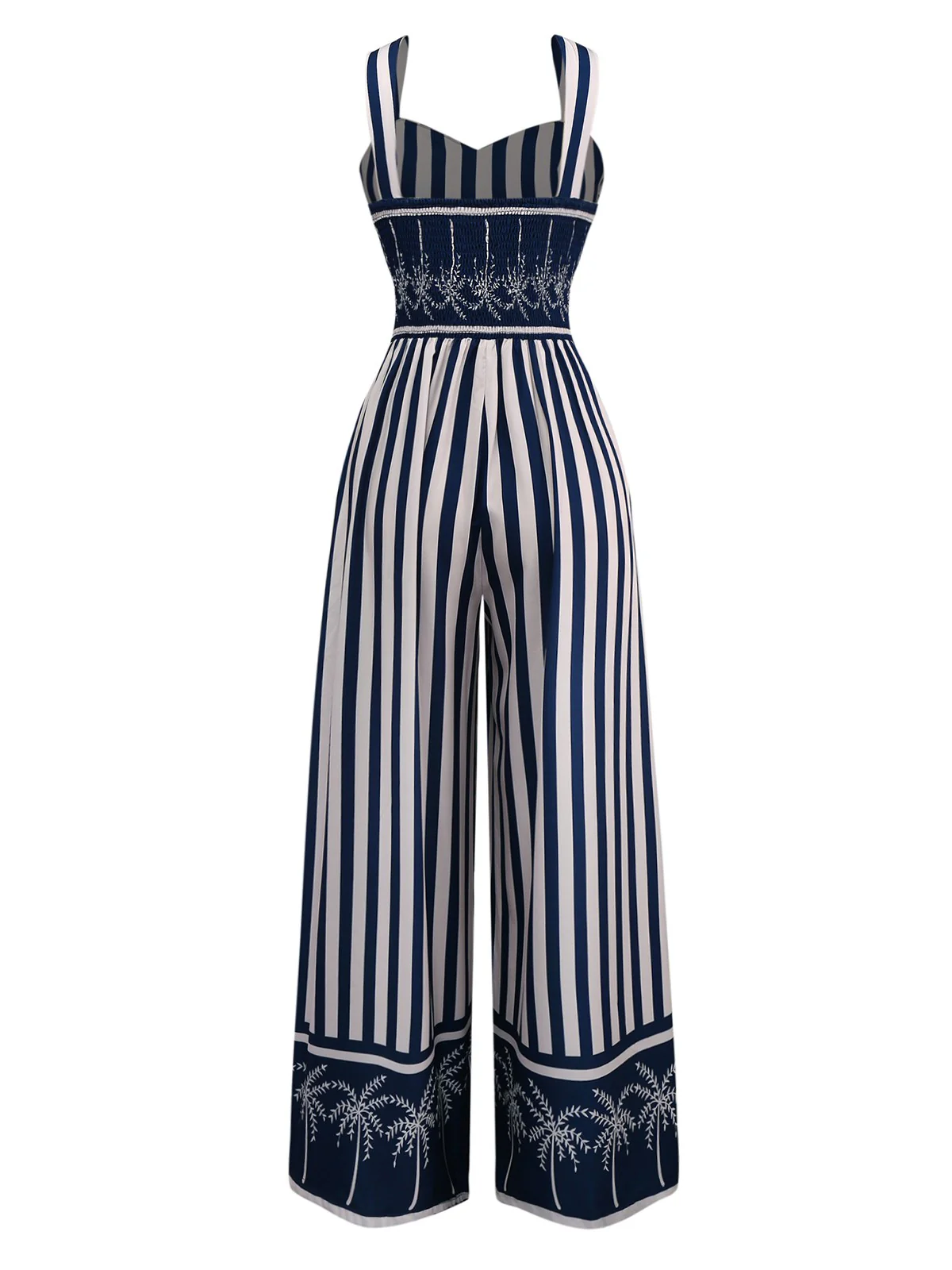 Blue 1930s Vertical Stripes Palm Trees Jumpsuit - Image 2