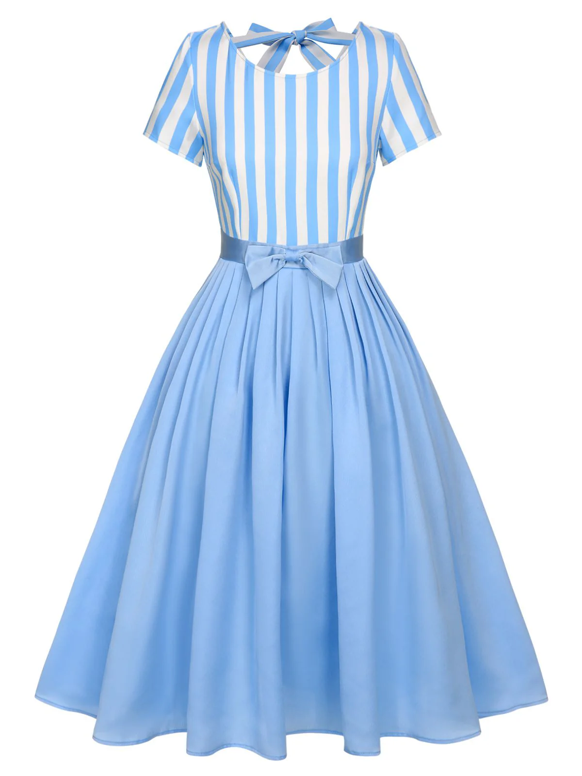 Blue 1940s Boat Neck Stripes Bow Dress - Image 2