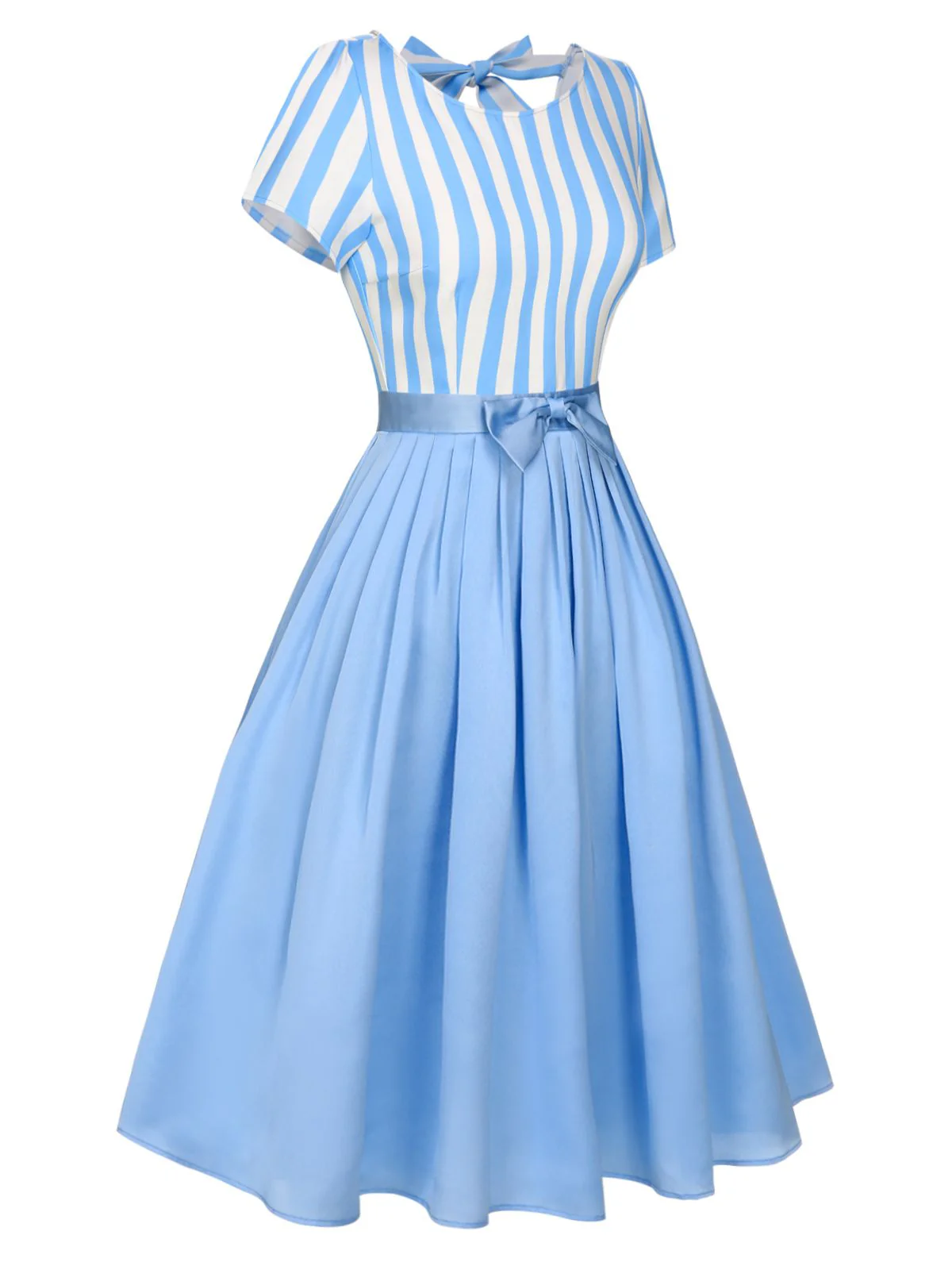 Blue 1940s Boat Neck Stripes Bow Dress - Image 3