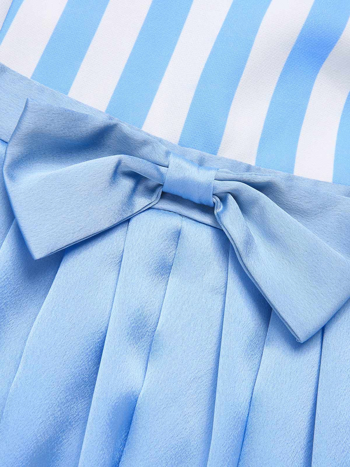 Blue 1940s Boat Neck Stripes Bow Dress - Image 6