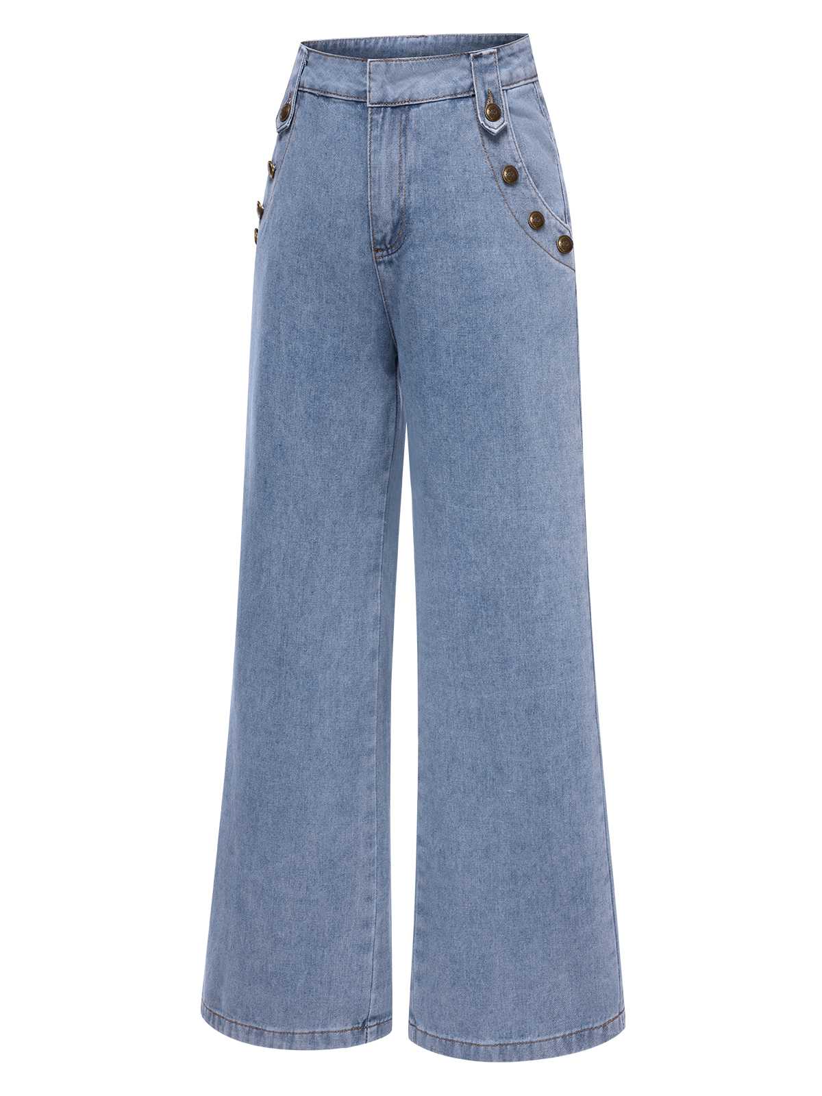 Blue 1940s Button Wide-Leg Denim Jeans - Image 2