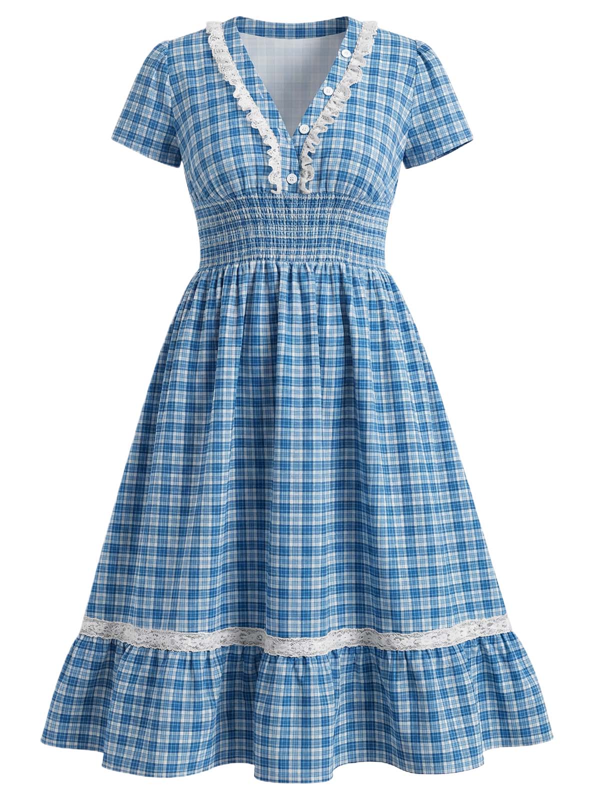 [Pre-Sale] [Plus Size] Blue 1940s Checked Lace Trim Button V-Neck Dress - Image 2