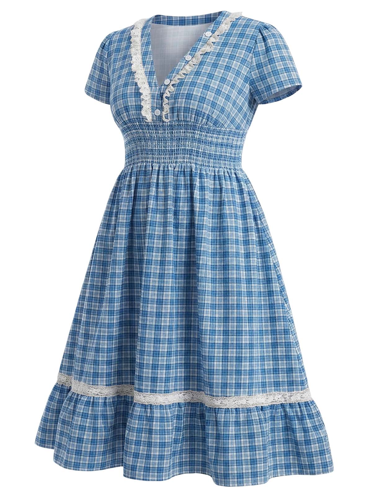 [Pre-Sale] [Plus Size] Blue 1940s Checked Lace Trim Button V-Neck Dress - Image 3