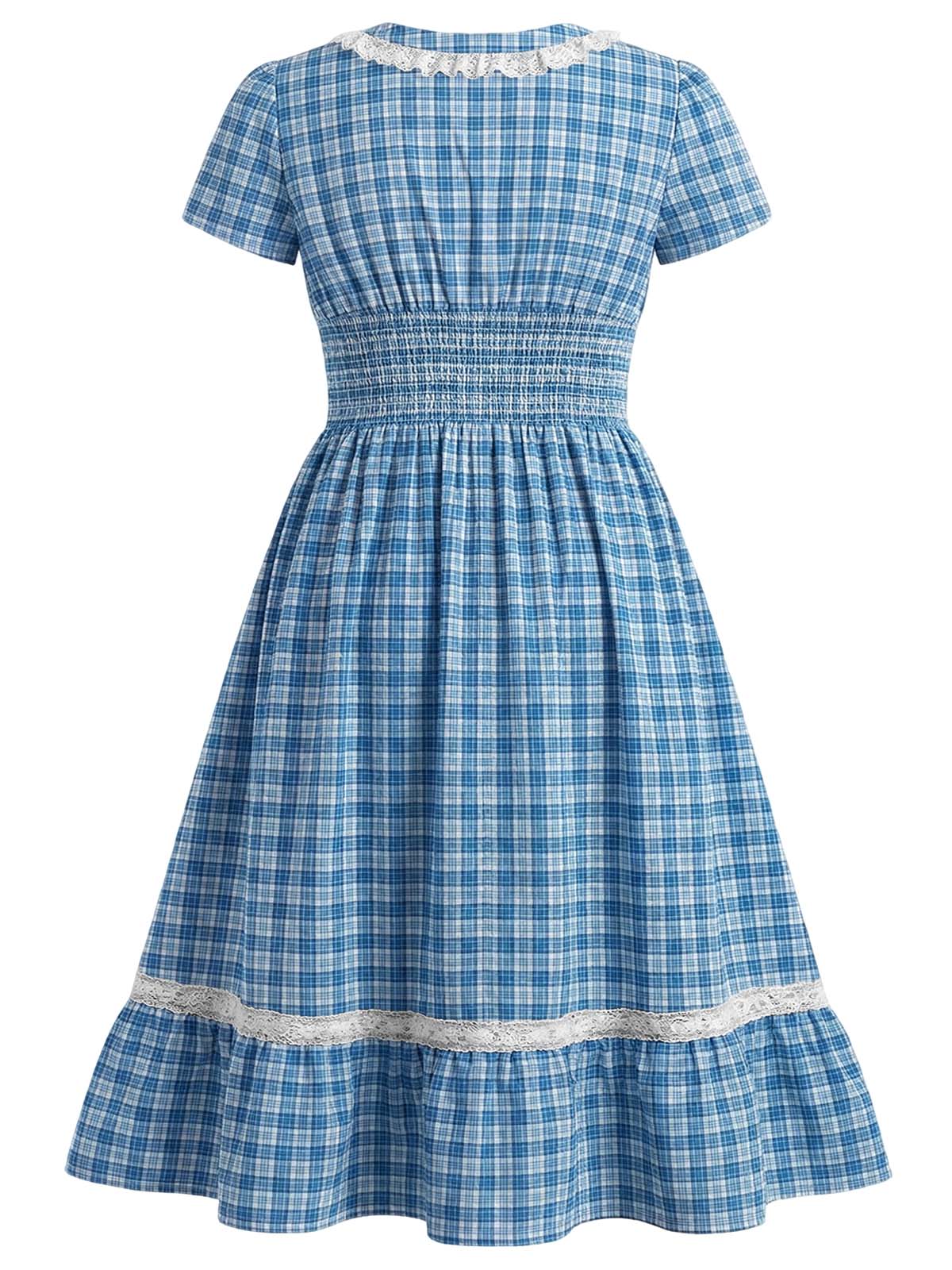 [Pre-Sale] [Plus Size] Blue 1940s Checked Lace Trim Button V-Neck Dress - Image 4