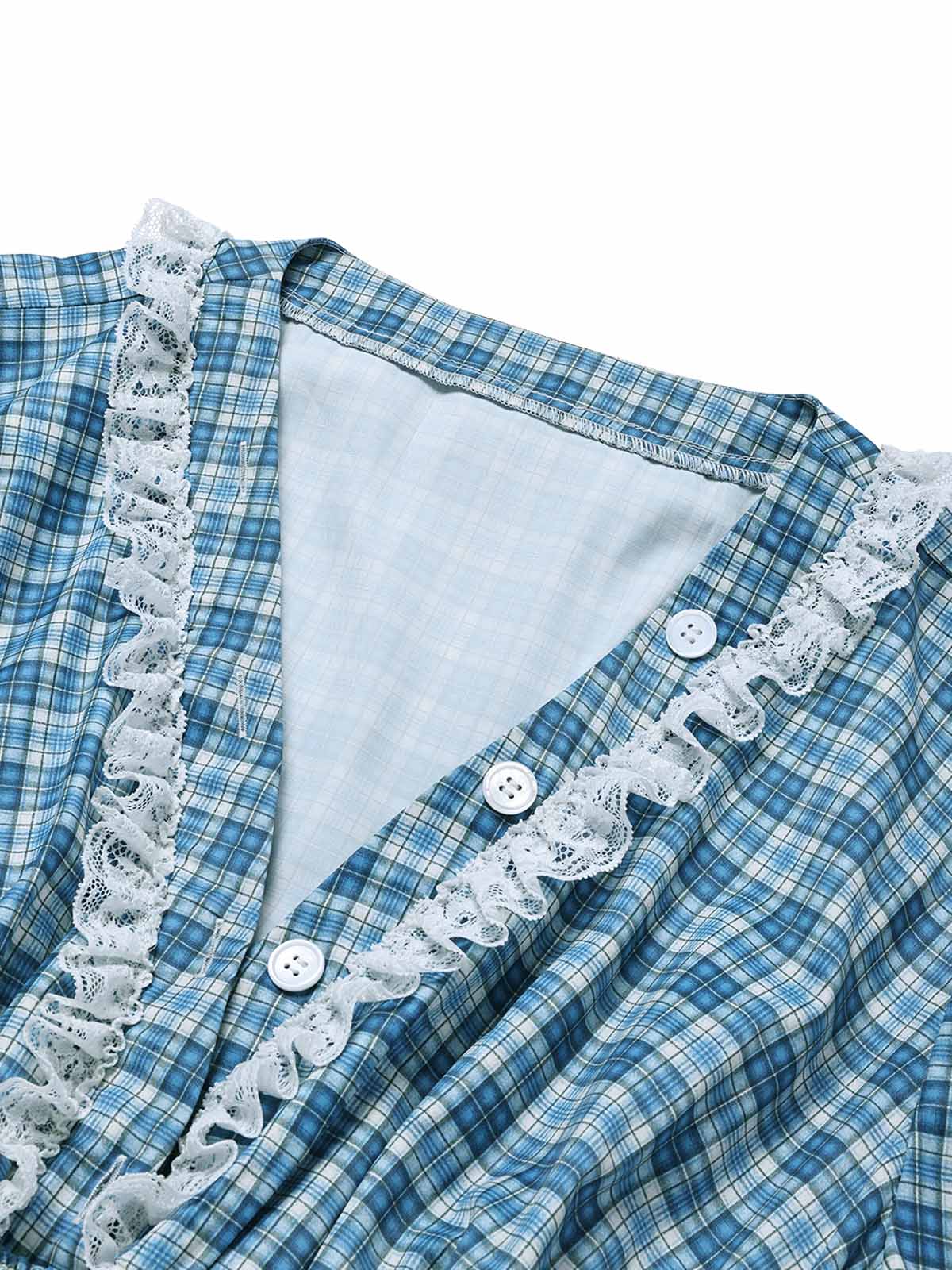 [Pre-Sale] [Plus Size] Blue 1940s Checked Lace Trim Button V-Neck Dress - Image 5