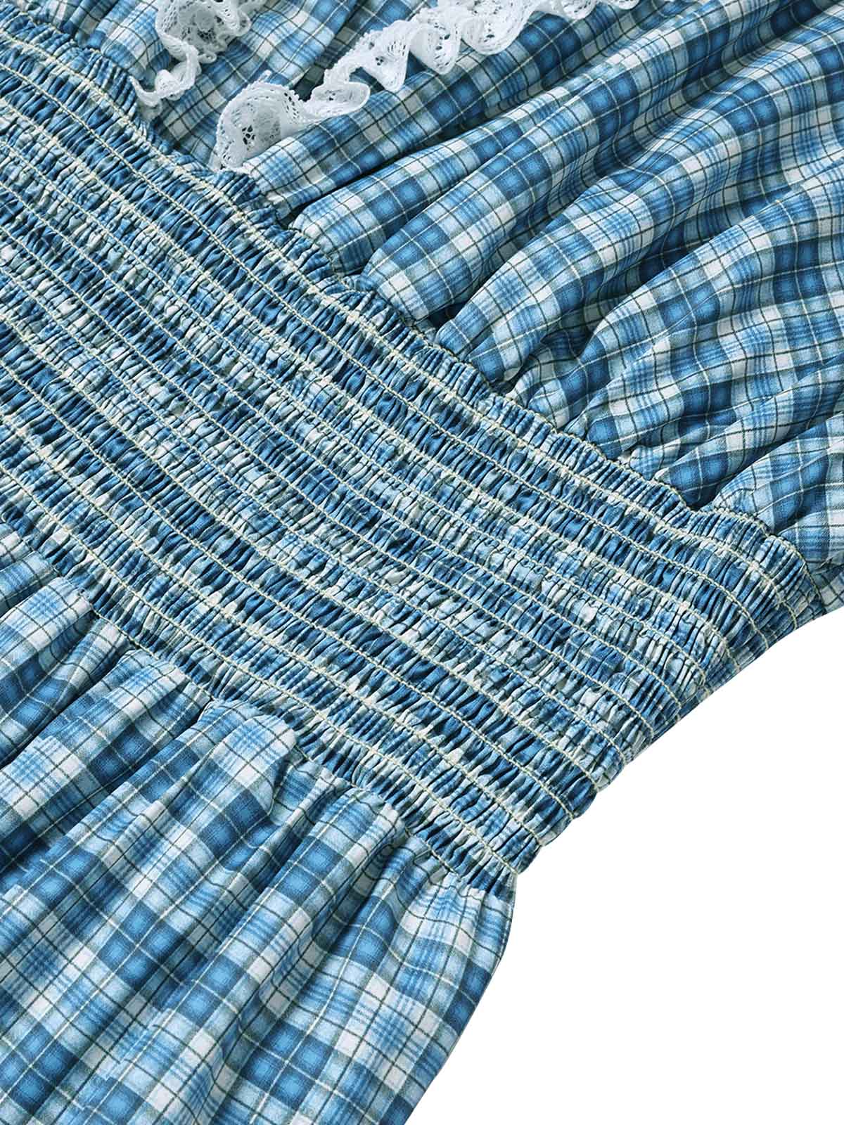 [Pre-Sale] [Plus Size] Blue 1940s Checked Lace Trim Button V-Neck Dress - Image 6