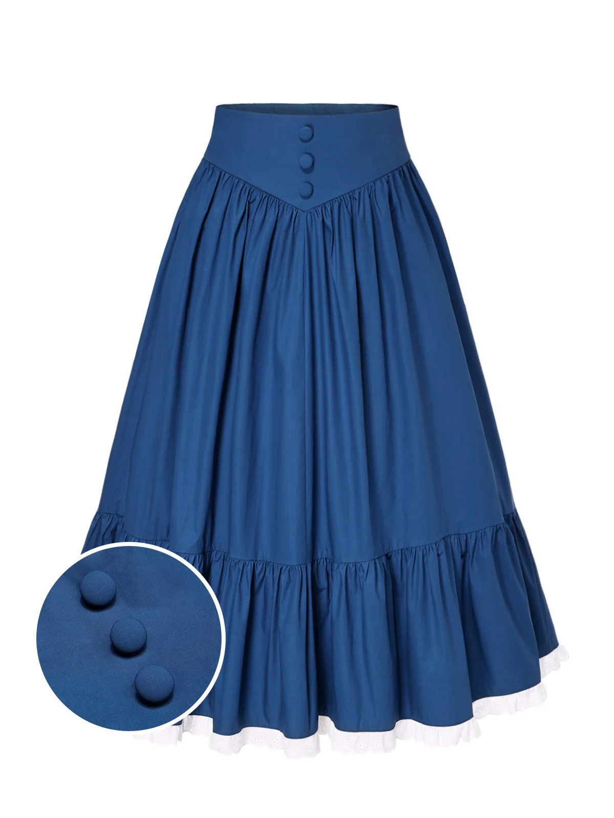 Blue 1940s Cotton Lace Hem Pleated Skirt - Image 2