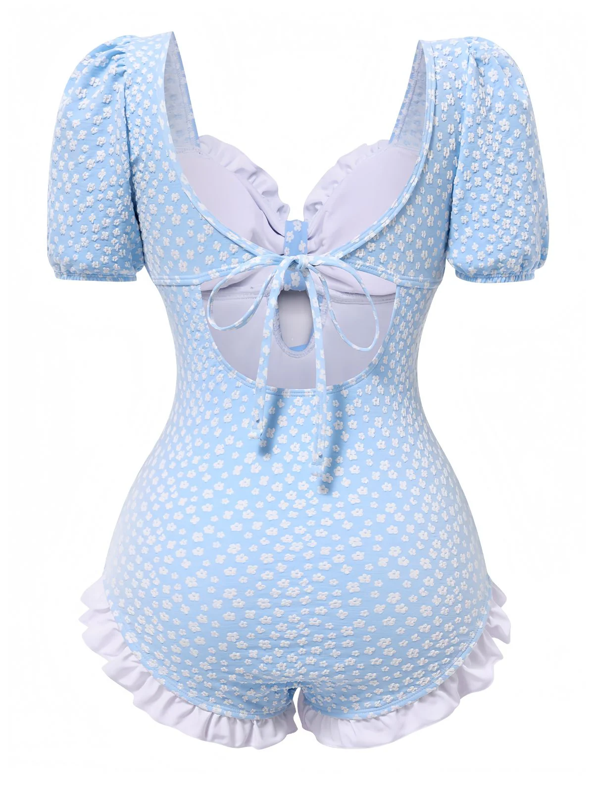 Blue 1940s Ditsy Floral Ruffles One-Piece Swimsuit - Image 2