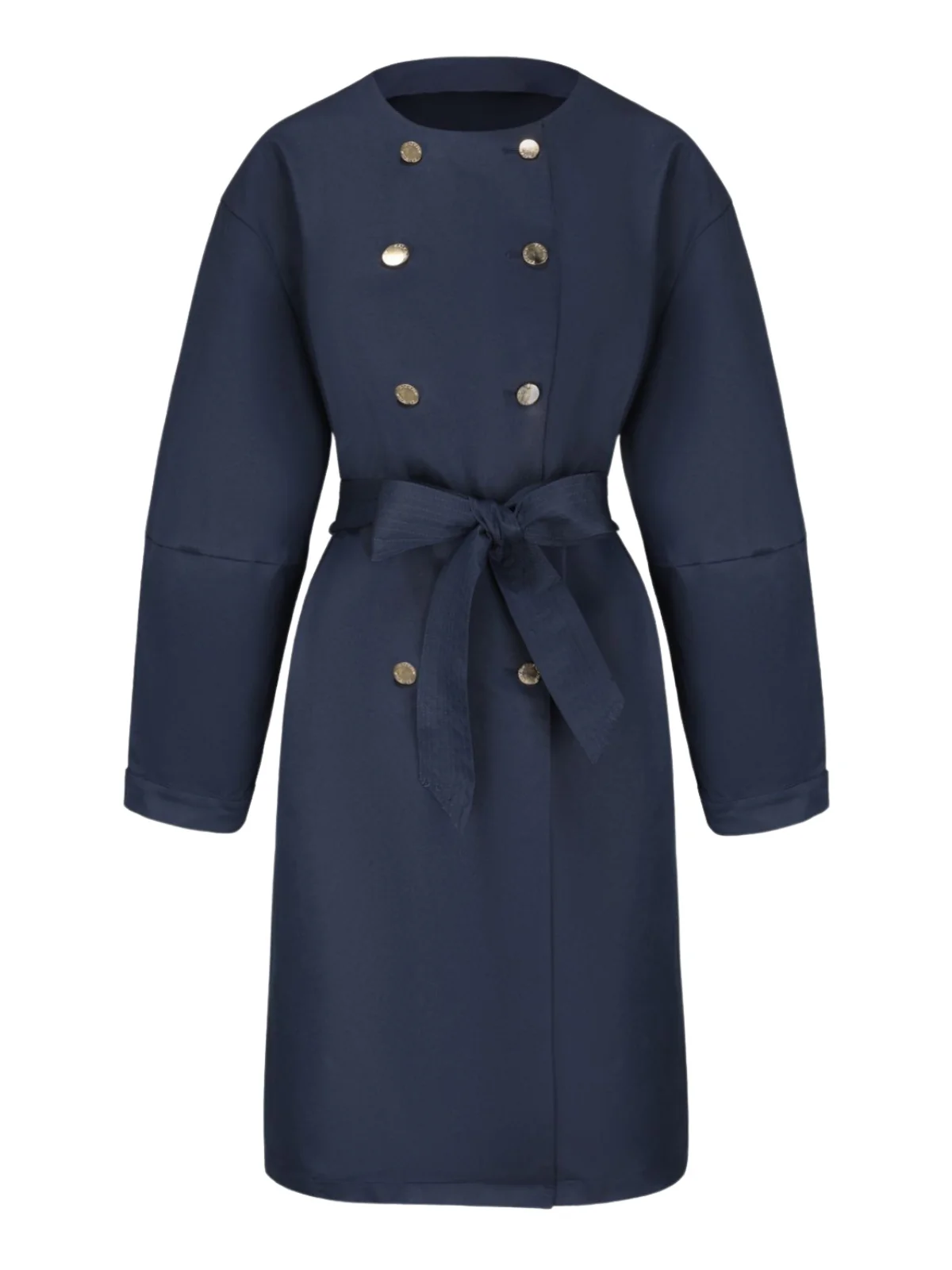 Blue 1940s Double-Breasted Round Neck Trench Coat - Image 2