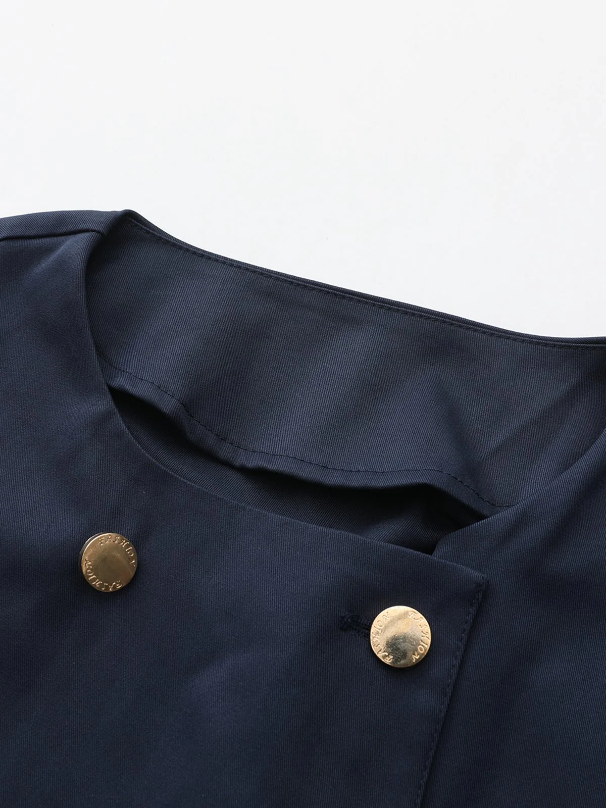 Blue 1940s Double-Breasted Round Neck Trench Coat - Image 4