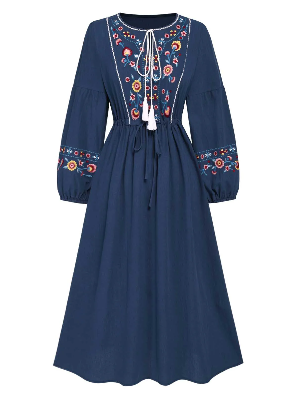 Blue 1940s Embroidered Floral Lantern Sleeve Dress - Image 2
