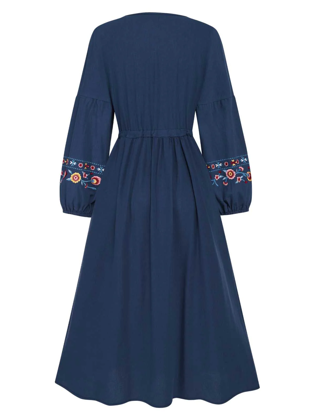 Blue 1940s Embroidered Floral Lantern Sleeve Dress - Image 3