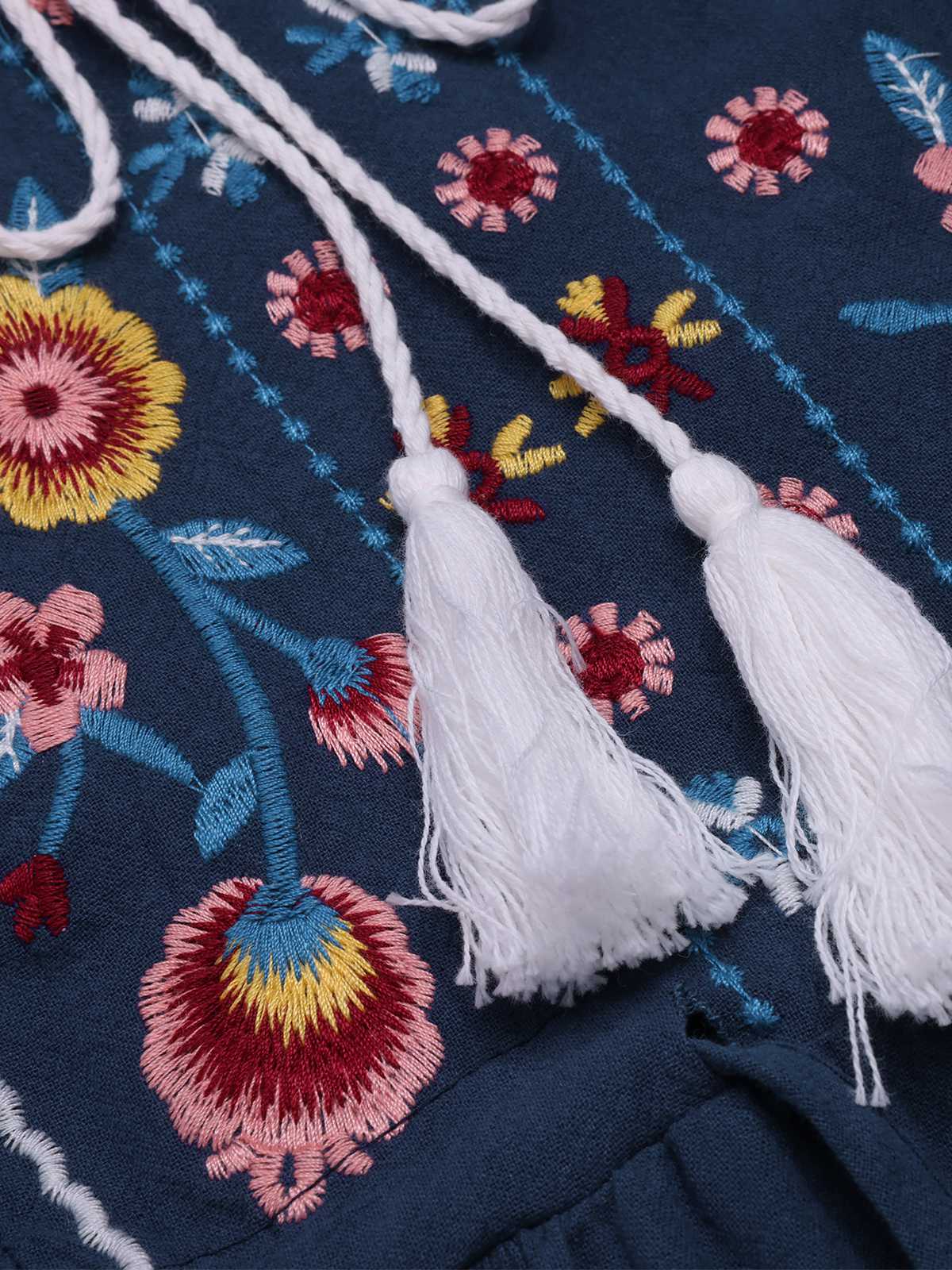 Blue 1940s Embroidered Floral Lantern Sleeve Dress - Image 4