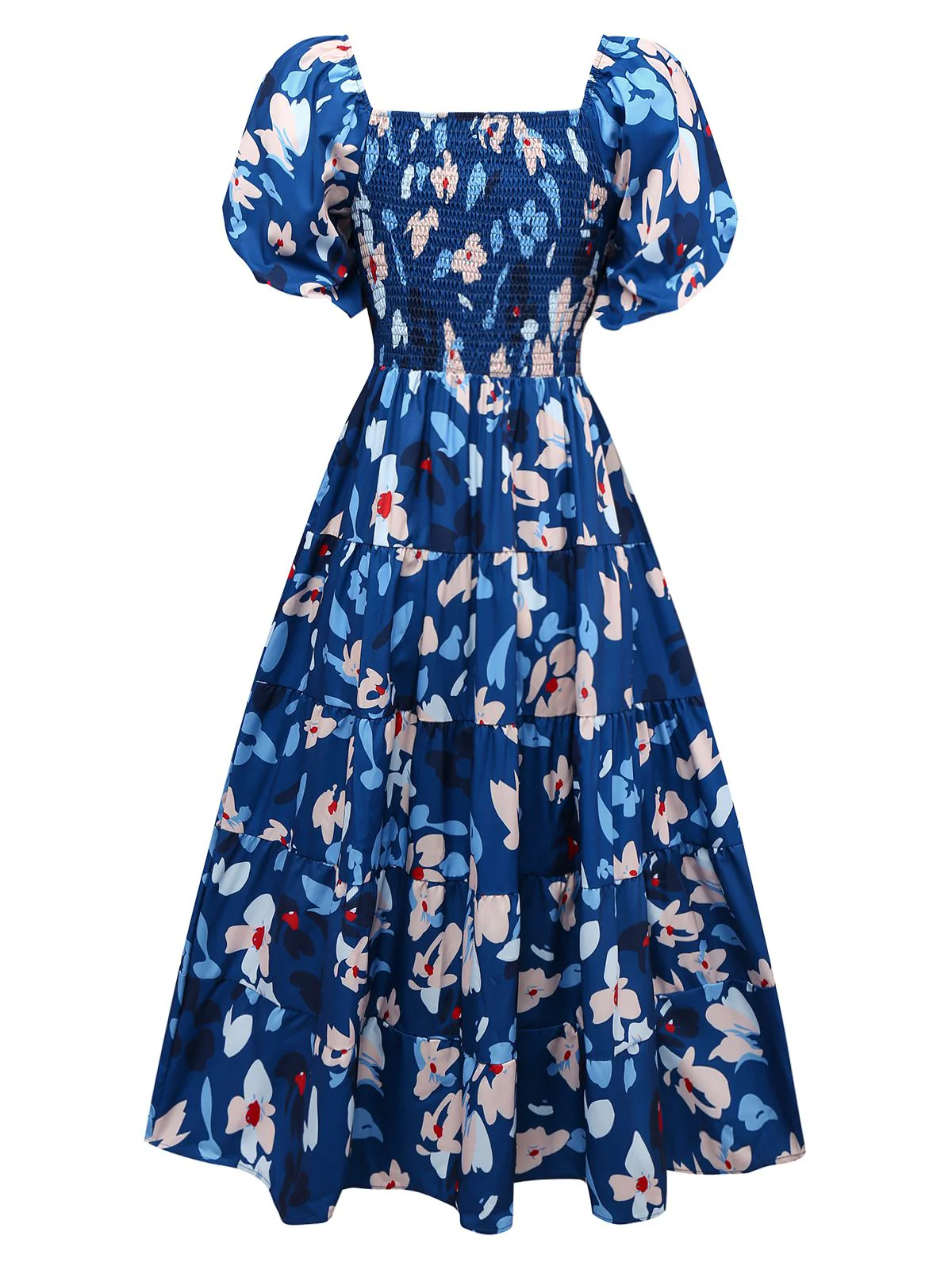 Blue 1940s Floral Puff Sleeves Off-Shoulder Dress - Image 2